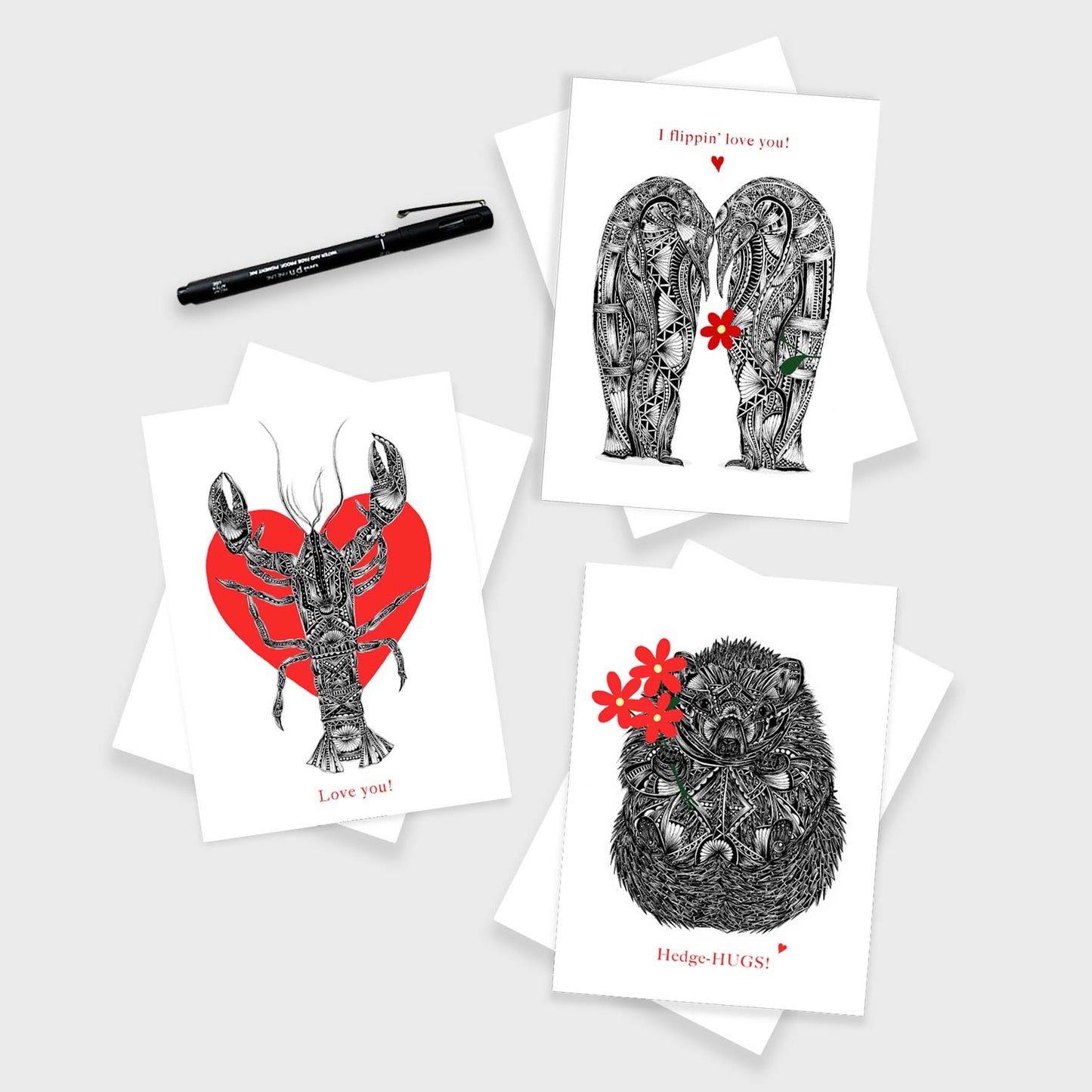Animal love greetings cards originally hand drawn in pen and ink by Pia Elliot in her Dorset studio