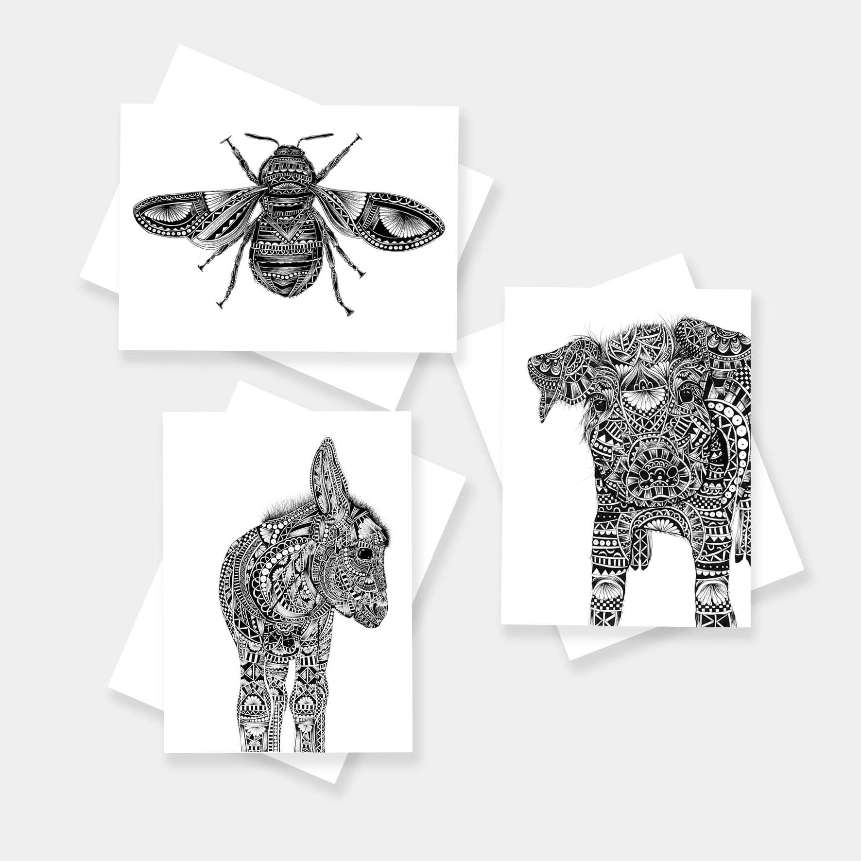 Monochrome blank animal greetings cards originally hand drawn in pen and ink by Pia Elliot in her Dorset studio