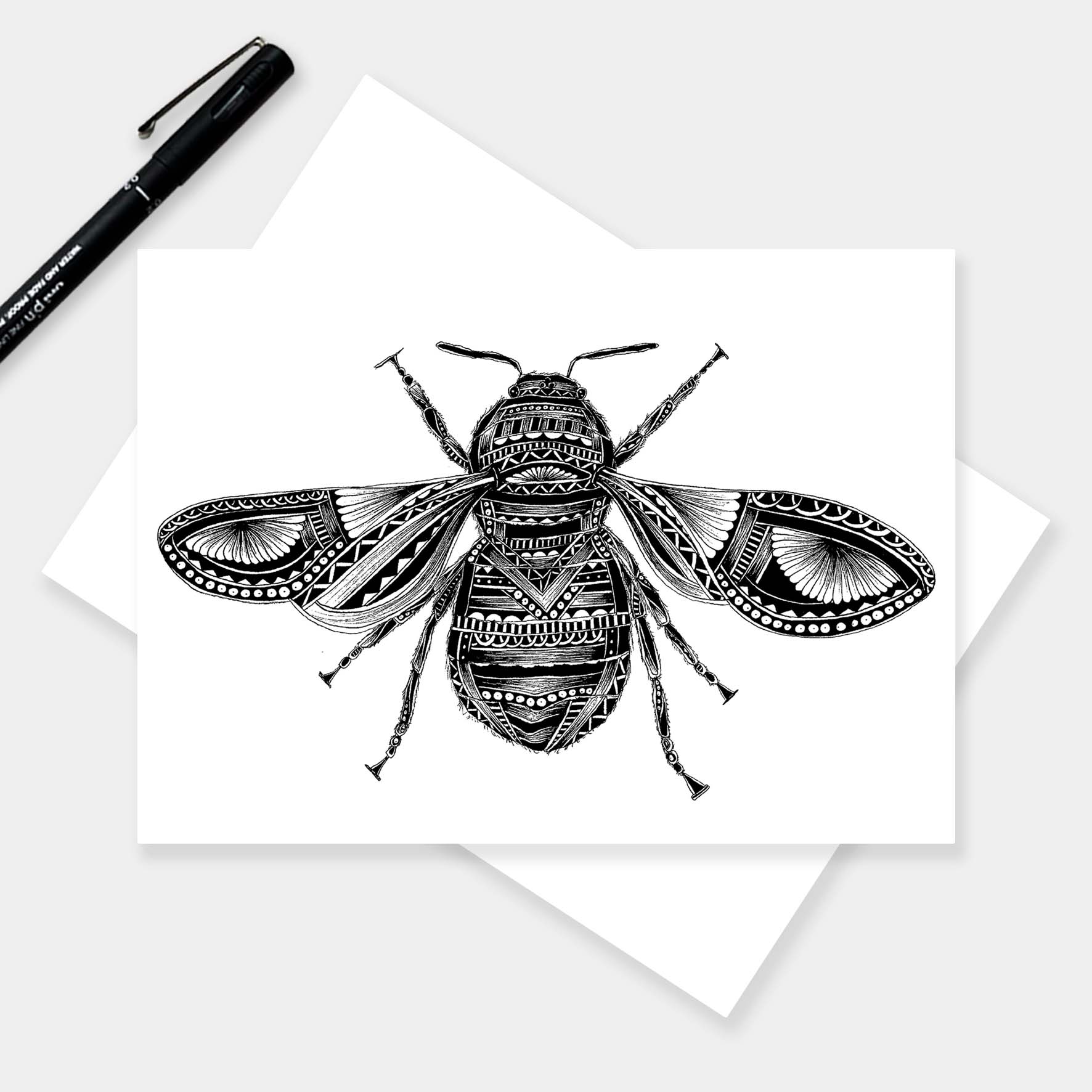 Monochrome blank bee greetings card originally hand drawn in pen and ink by Pia Elliot in her Dorset studio