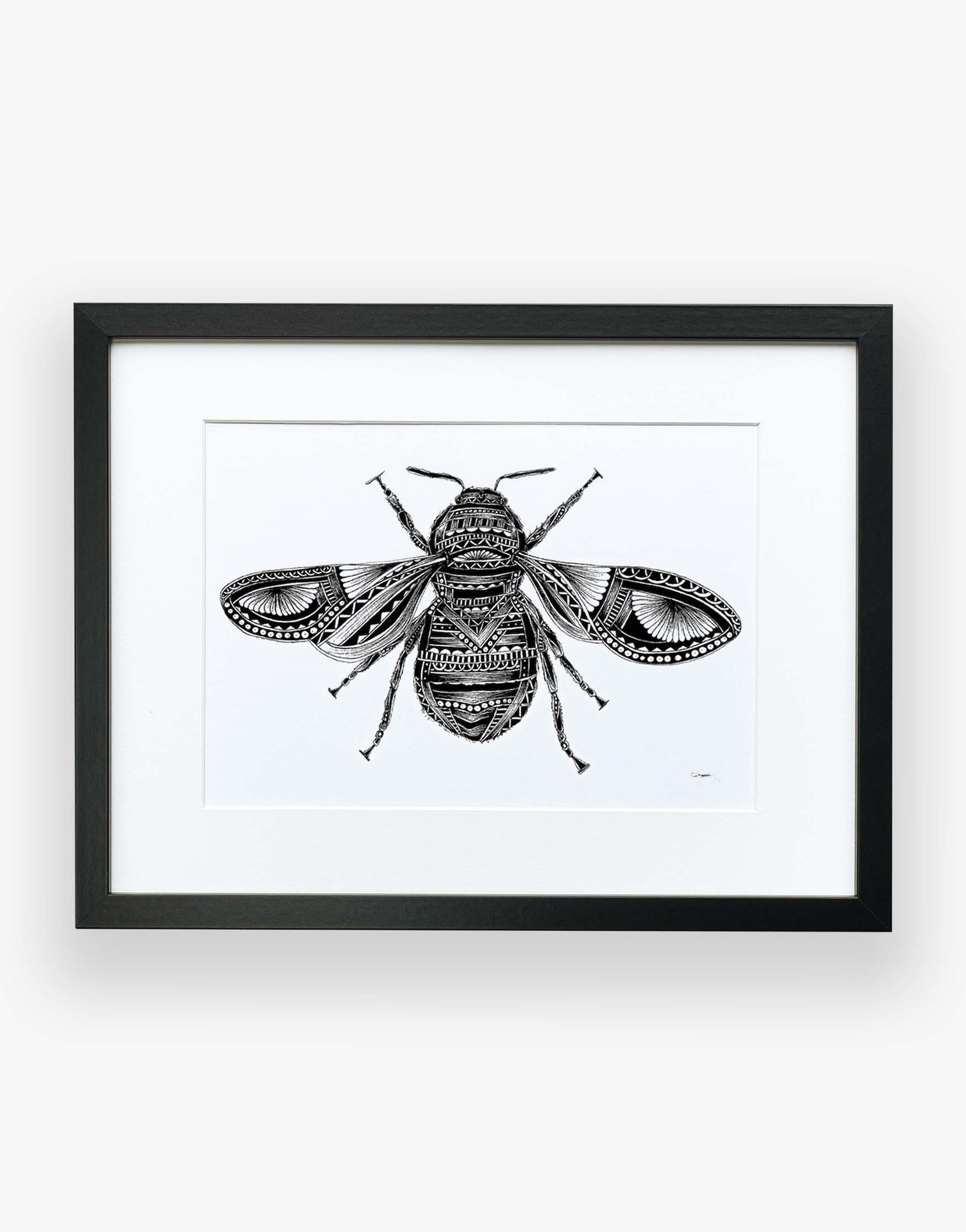 Monochrome, bee, limited edition artwork, hand drawn in pen and ink by Pia Elliot in her Dorset studio