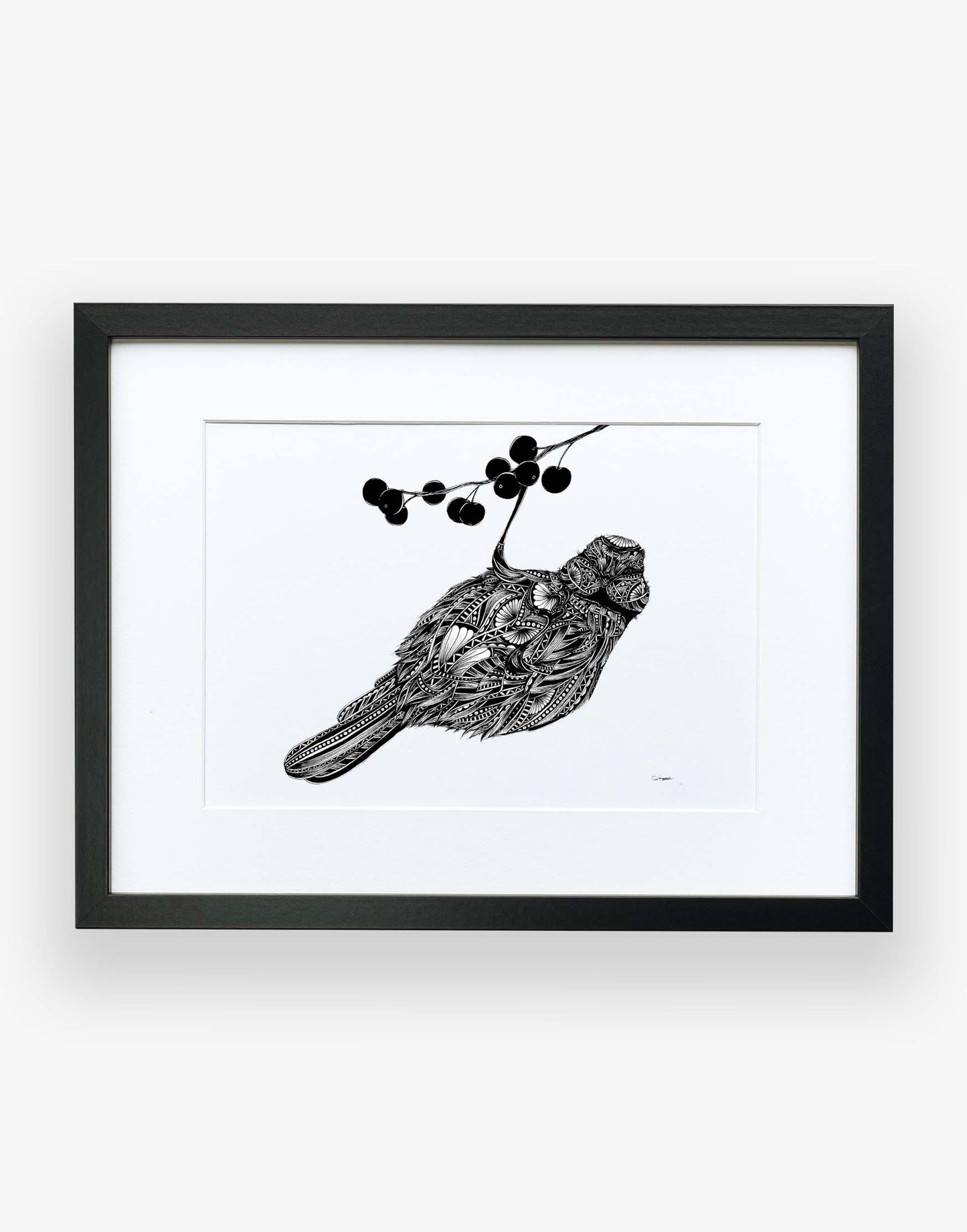 Monochrome blue tit bird limited edition artwork, hand drawn in pen and ink by Pia Elliot in her Dorset studio