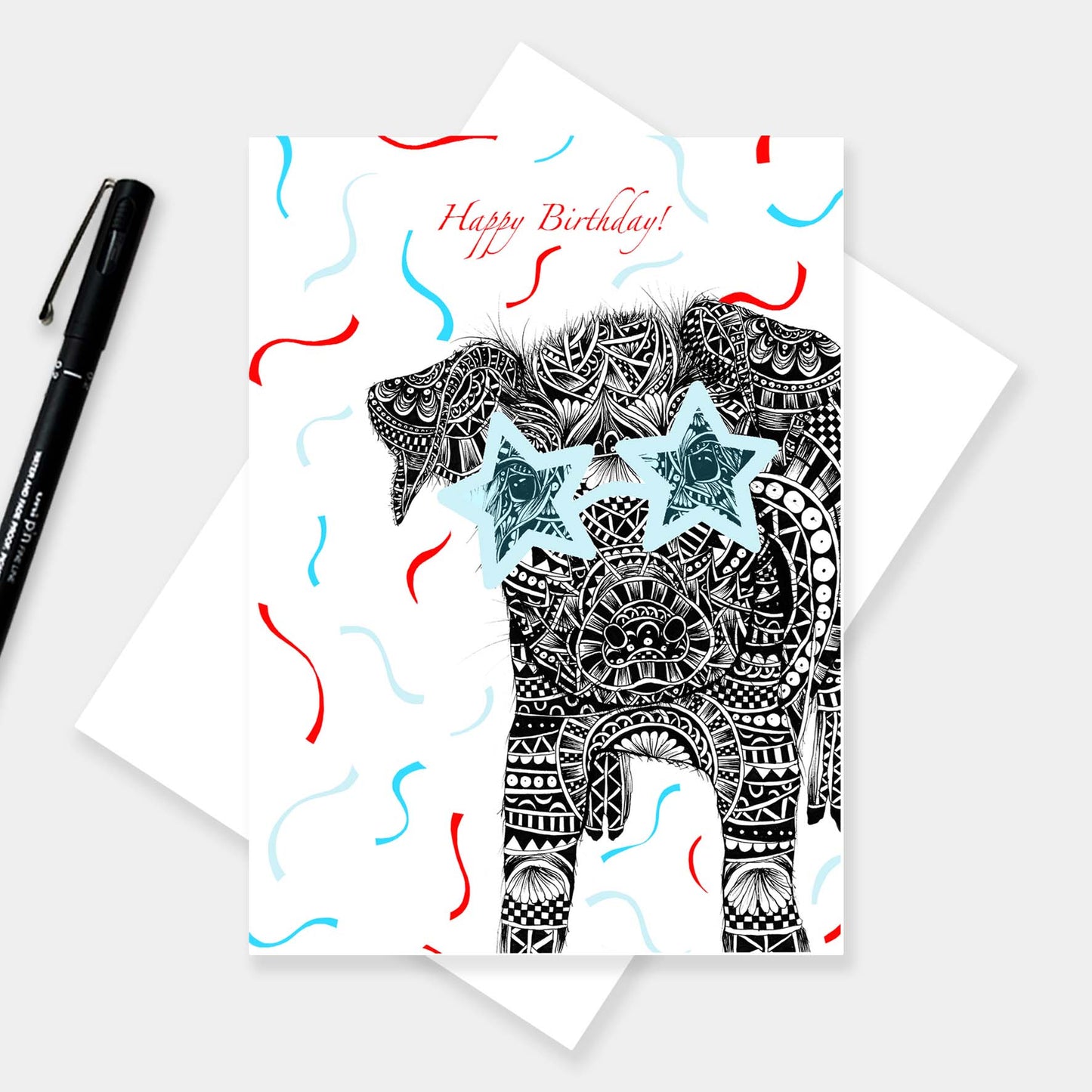 Whimsical pig birthday greetings card originally hand drawn in pen and ink by Pia Elliot in her Dorset studio