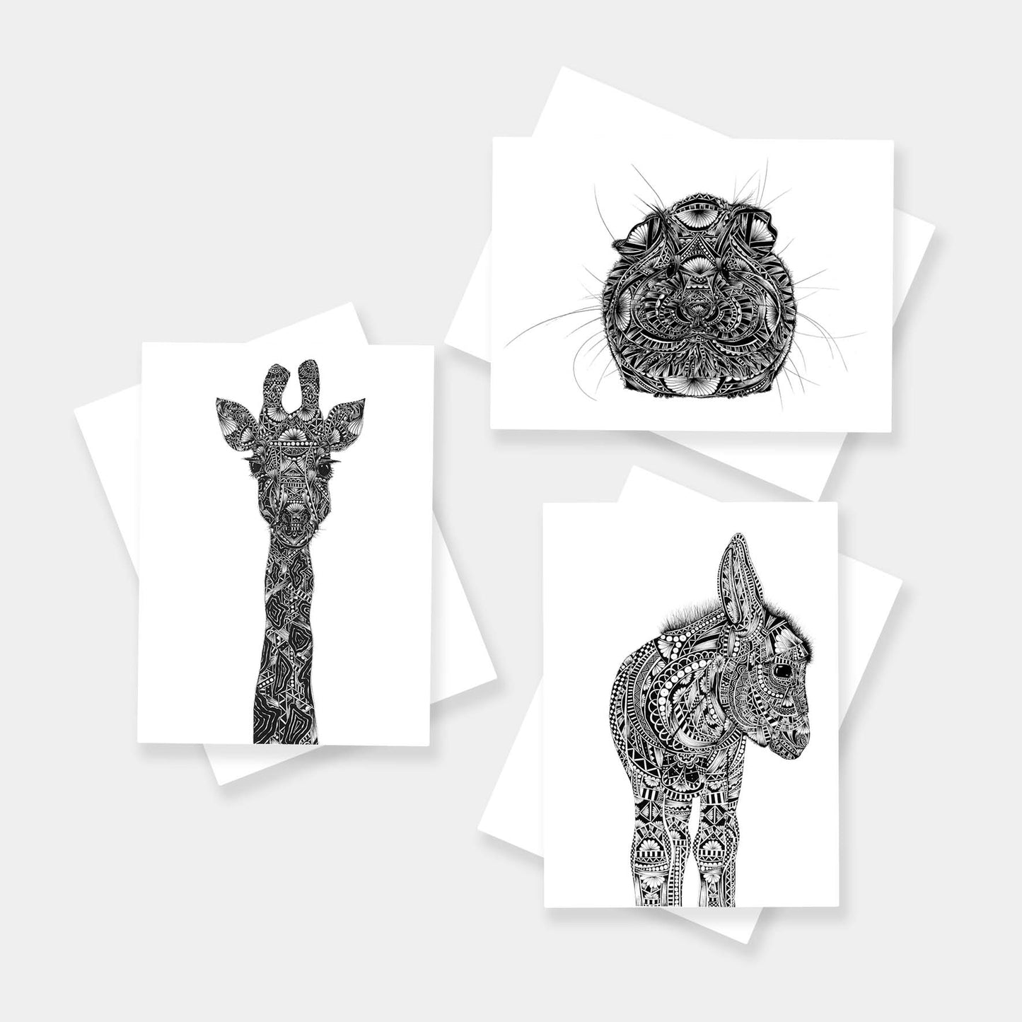 Monochrome blank animal greetings cards originally hand drawn in pen and ink by Pia Elliot in her Dorset studio