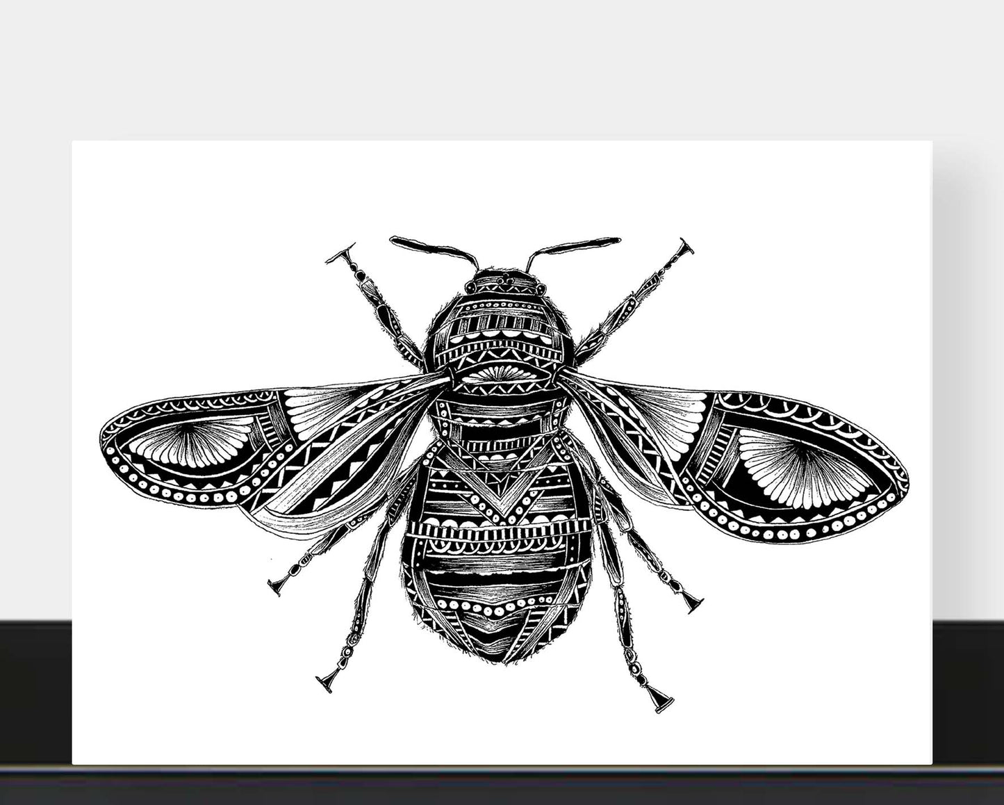 Monochrome blank bee greetings card originally hand drawn in pen and ink by Pia Elliot in her Dorset studio