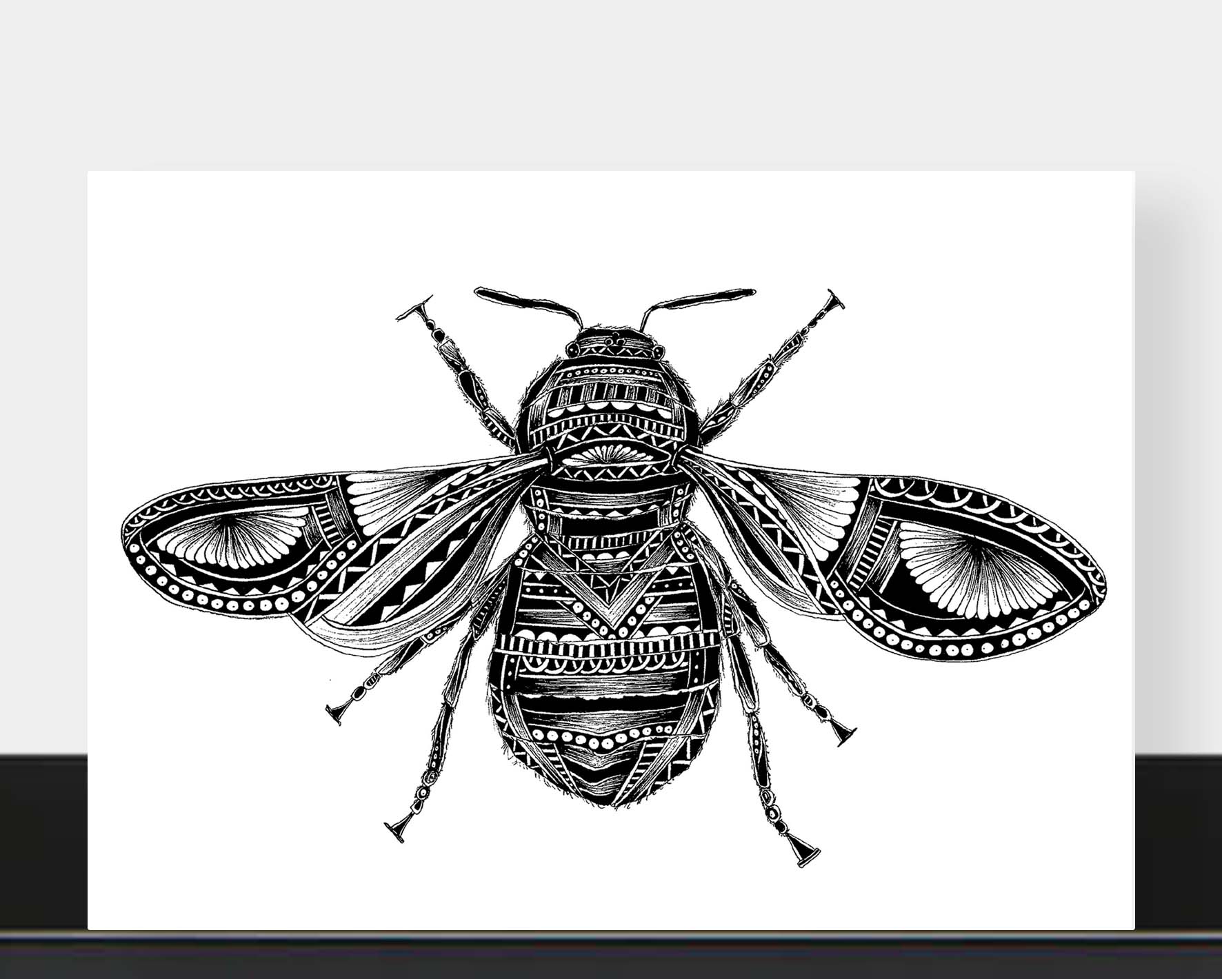 Monochrome blank bee greetings card originally hand drawn in pen and ink by Pia Elliot in her Dorset studio