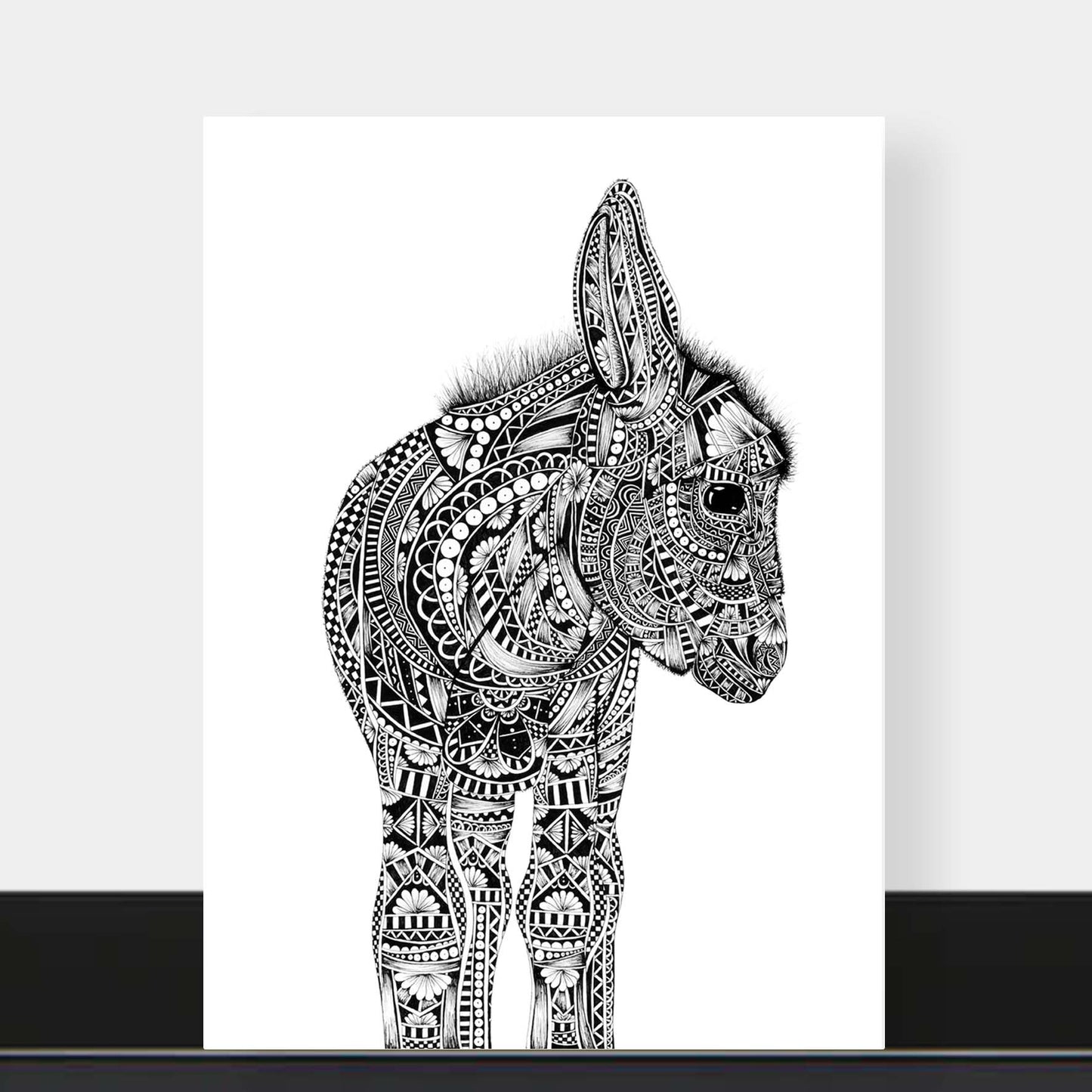 Monochrome blank donkey greetings card originally hand drawn in pen and ink by Pia Elliot in her Dorset studio