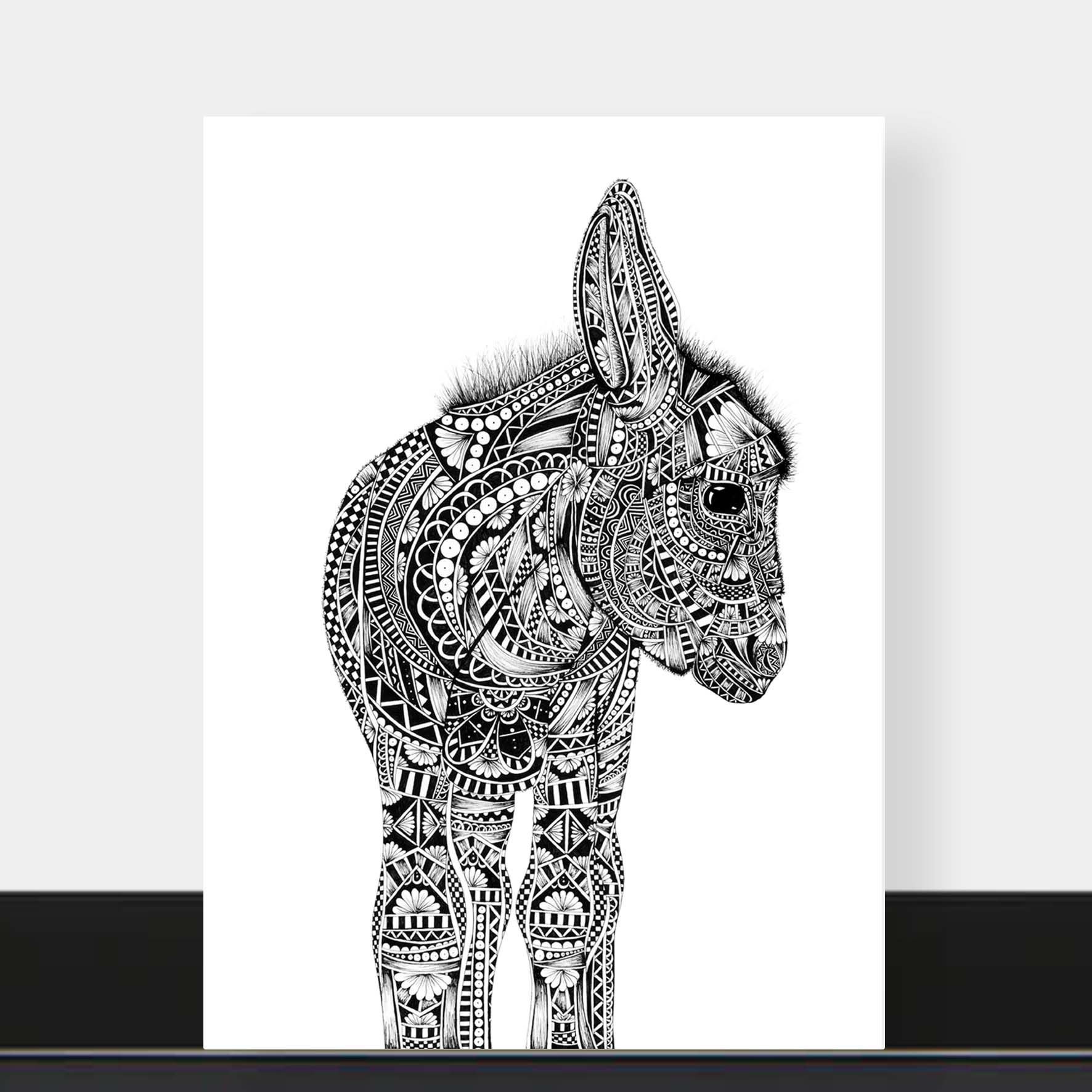 Monochrome blank donkey greetings card originally hand drawn in pen and ink by Pia Elliot in her Dorset studio