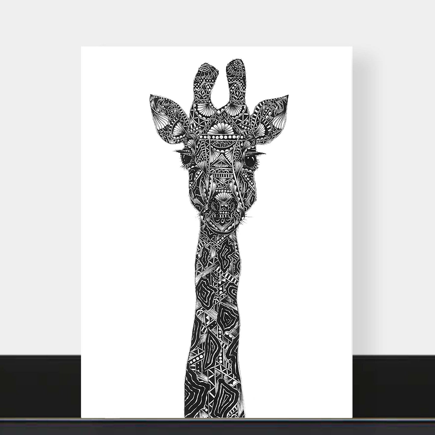 Monochrome blank giraffe greetings card originally hand drawn in pen and ink by Pia Elliot in her Dorset studio