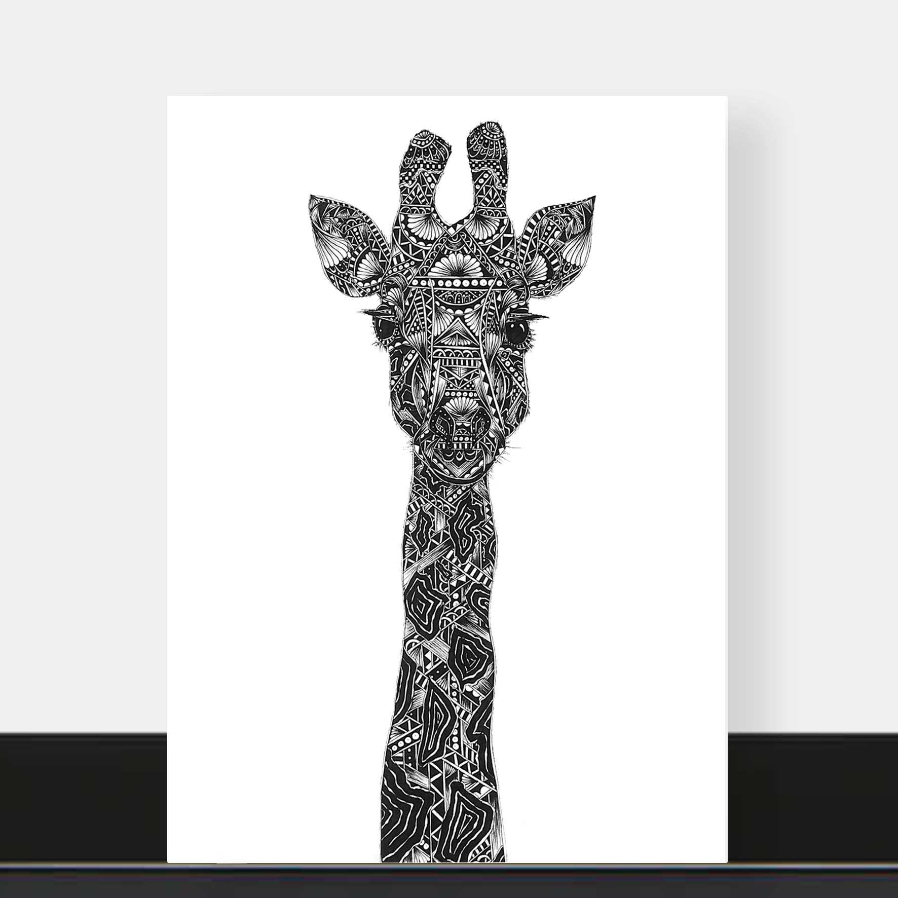 Monochrome blank giraffe greetings card originally hand drawn in pen and ink by Pia Elliot in her Dorset studio