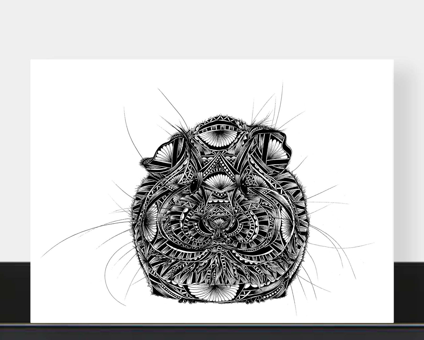 Monochrome blank guinea pig greetings card originally hand drawn in pen and ink by Pia Elliot in her Dorset studio