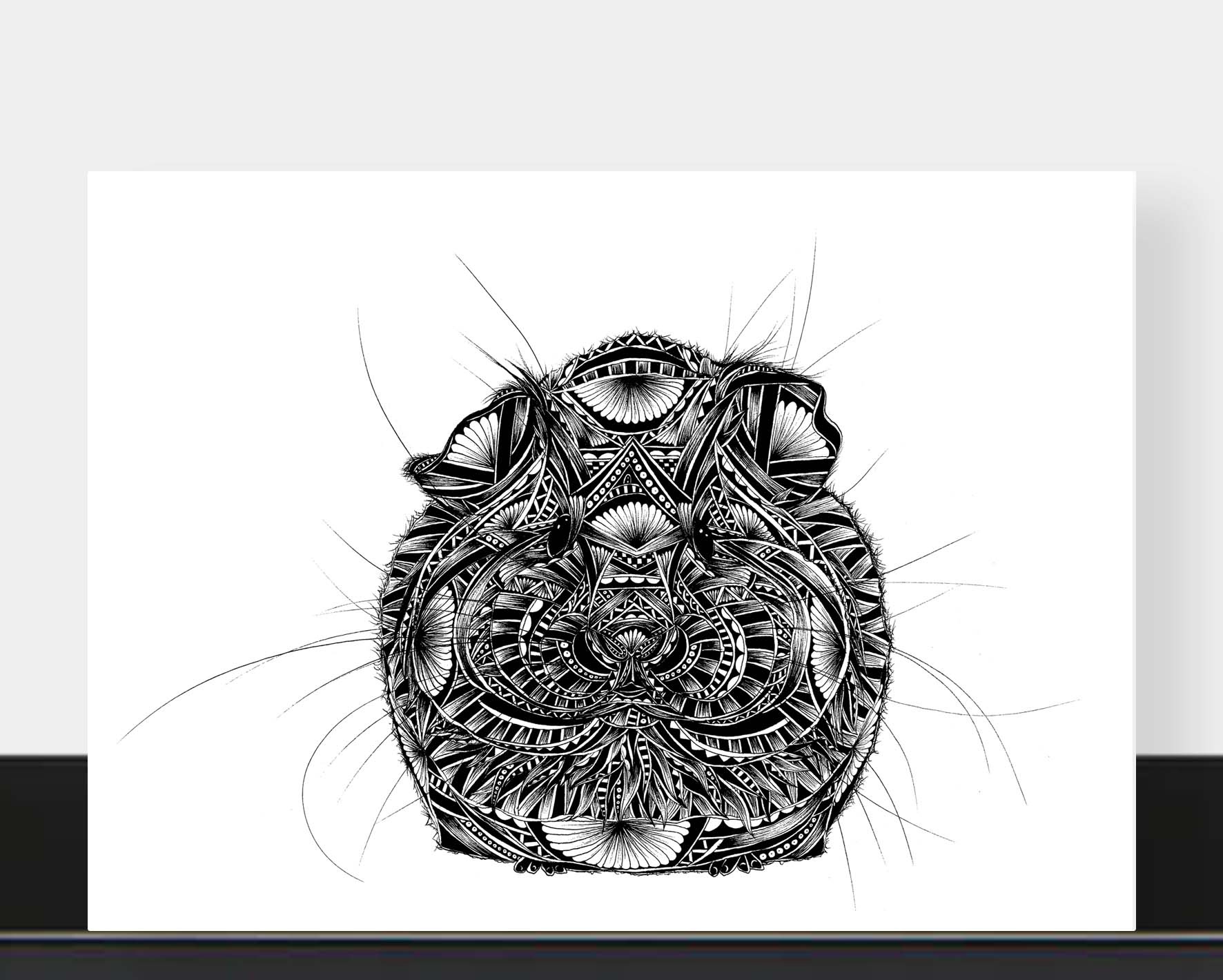 Monochrome blank guinea pig greetings card originally hand drawn in pen and ink by Pia Elliot in her Dorset studio