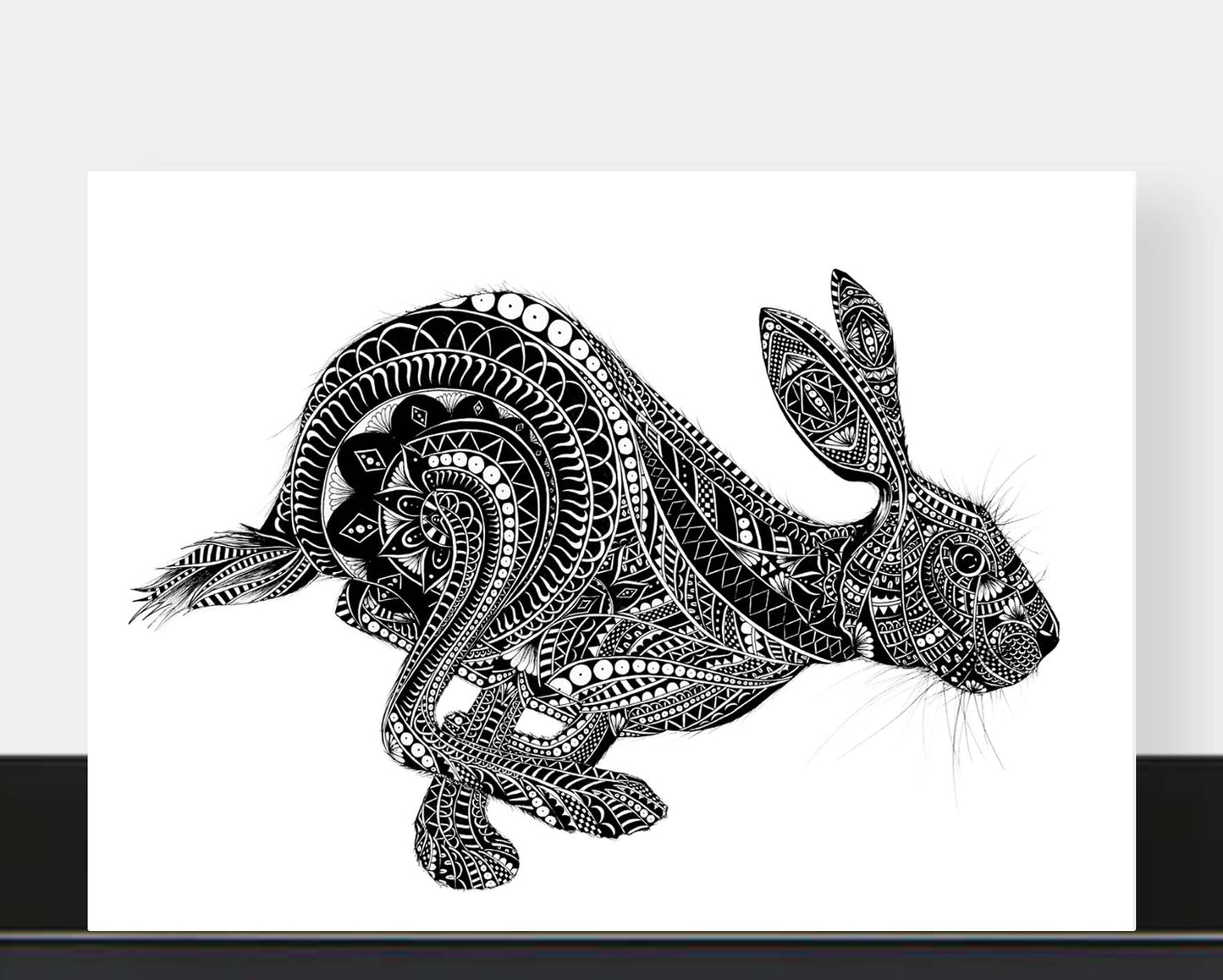 Monochrome blank hare greetings card originally hand drawn in pen and ink by Pia Elliot in her Dorset studio