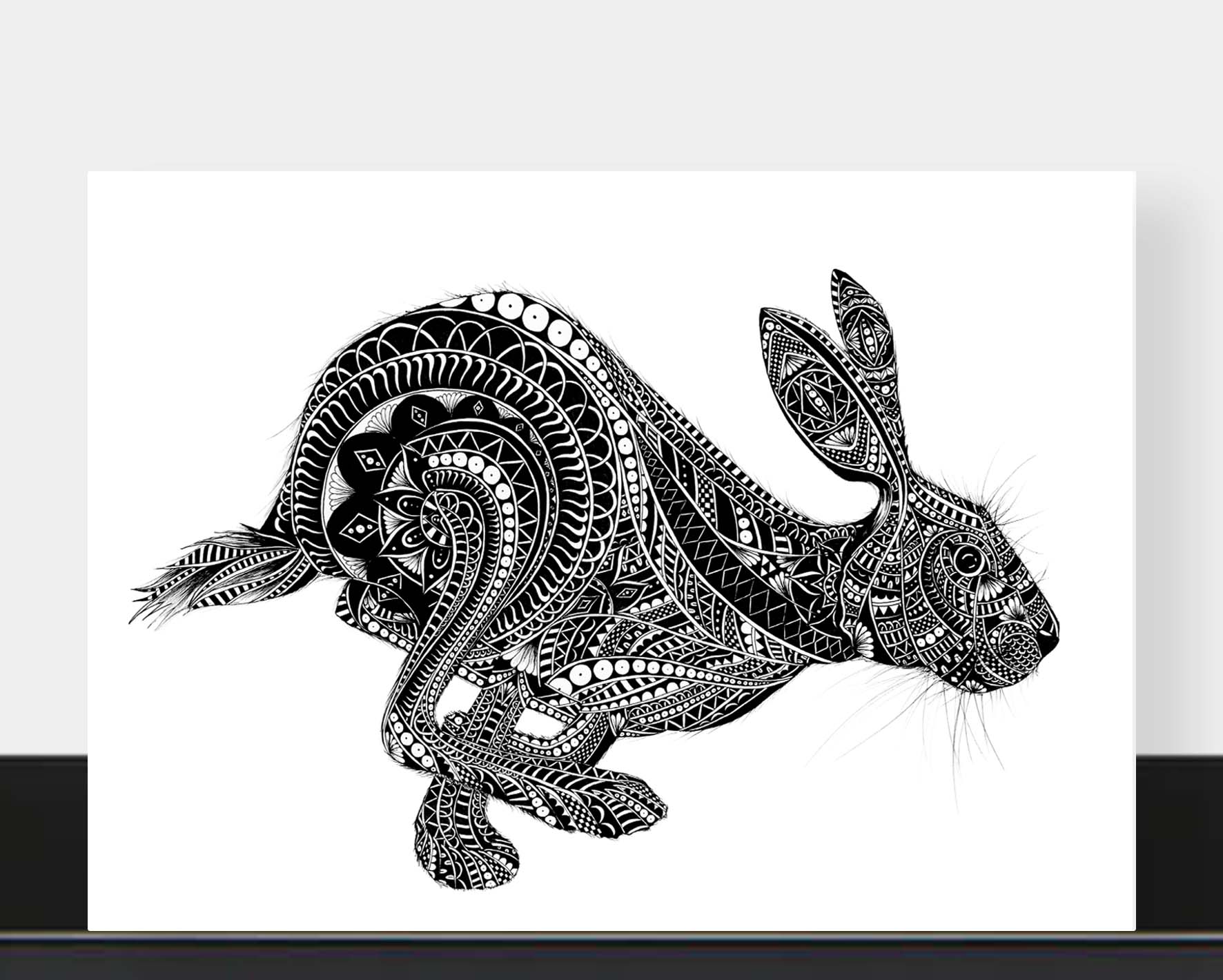 Monochrome blank hare greetings card originally hand drawn in pen and ink by Pia Elliot in her Dorset studio