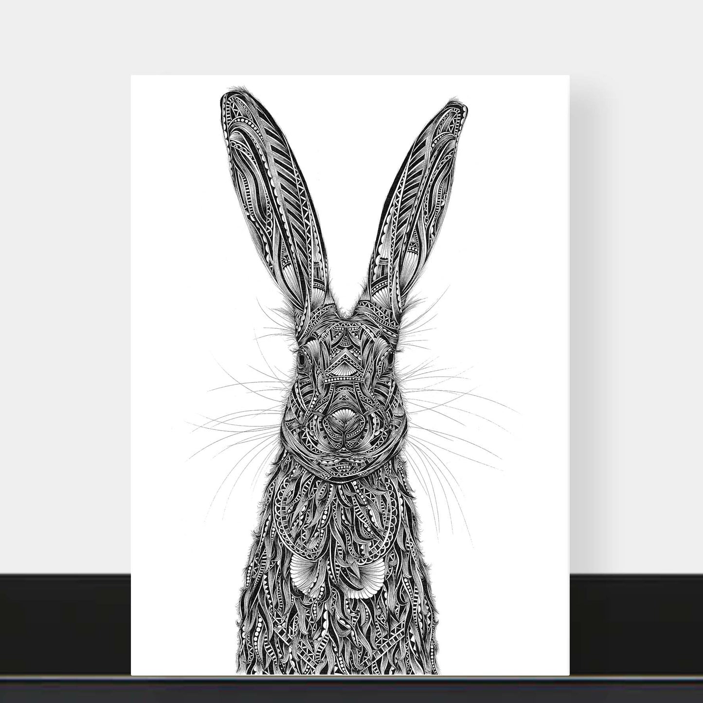 Monochrome blank hare greetings card originally hand drawn in pen and ink by Pia Elliot in her Dorset studio