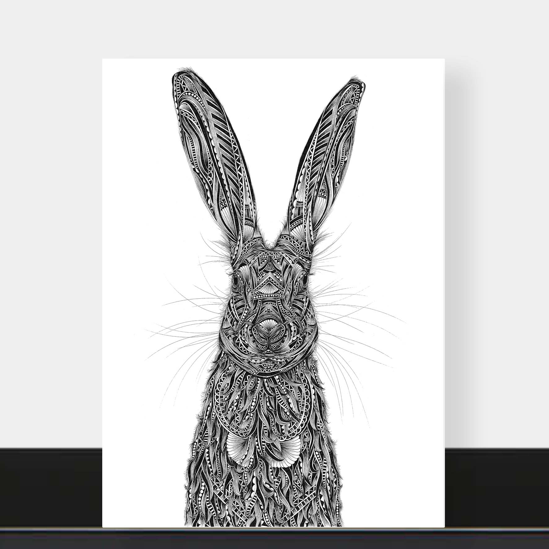 Monochrome blank hare greetings card originally hand drawn in pen and ink by Pia Elliot in her Dorset studio