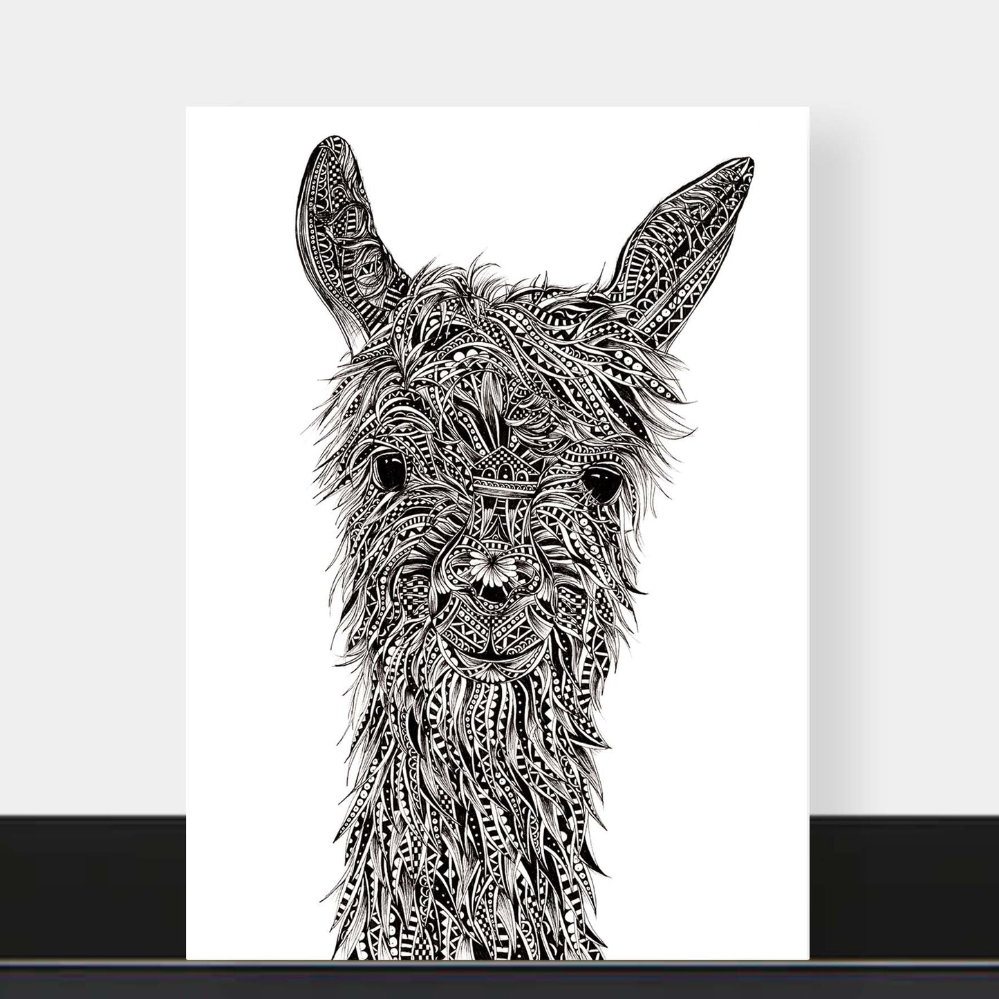 Monochrome blank llama greetings card originally hand drawn in pen and ink by Pia Elliot in her Dorset studio