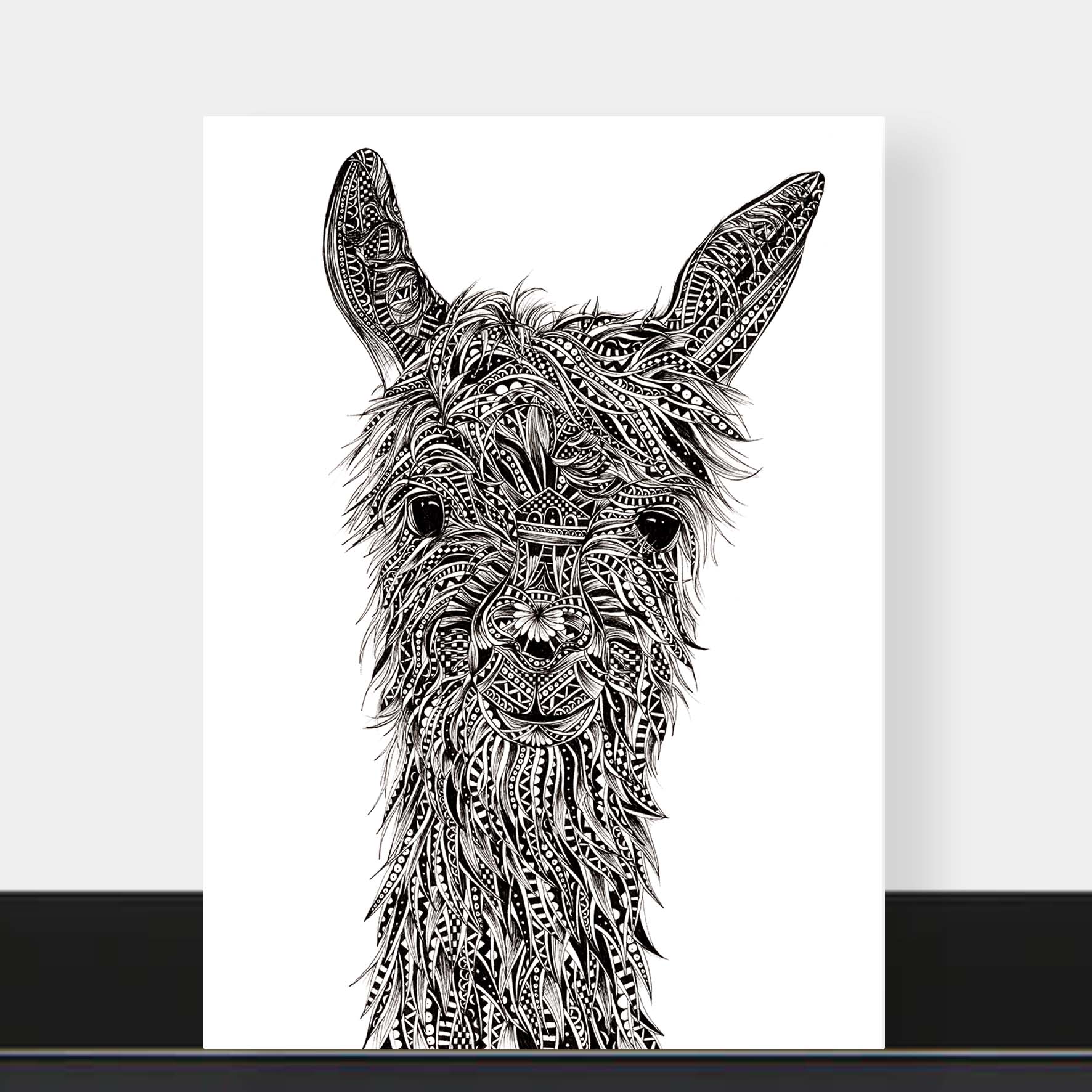 Monochrome blank llama greetings card originally hand drawn in pen and ink by Pia Elliot in her Dorset studio