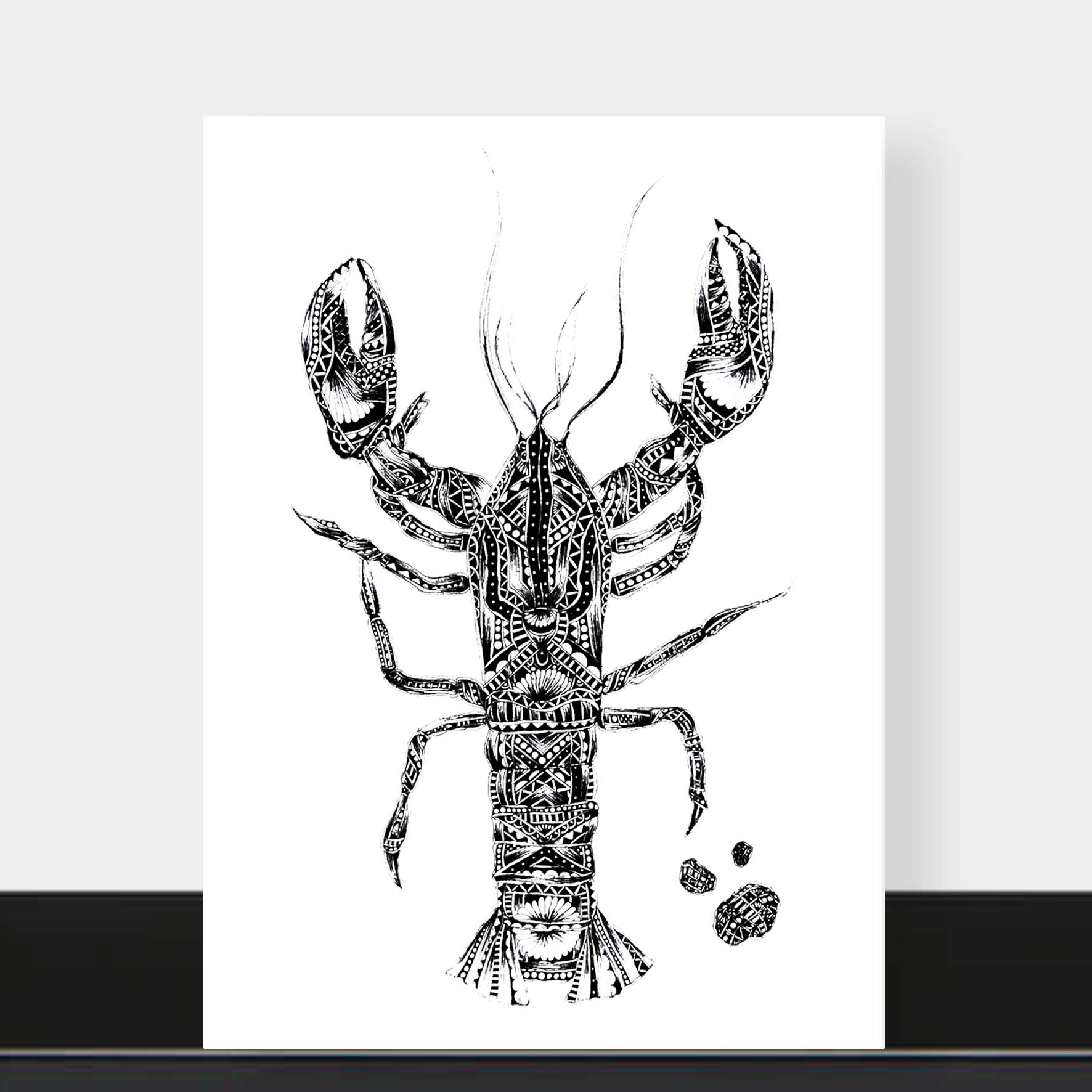 Monochrome blank lobster greetings card originally hand drawn in pen and ink by Pia Elliot in her Dorset studio