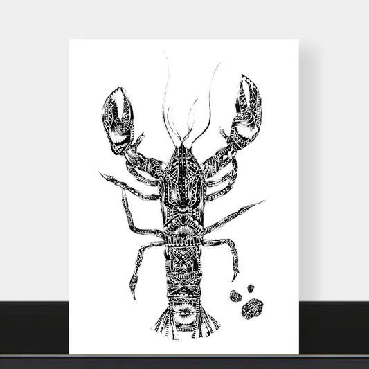 Monochrome blank lobster greetings card originally hand drawn in pen and ink by Pia Elliot in her Dorset studio