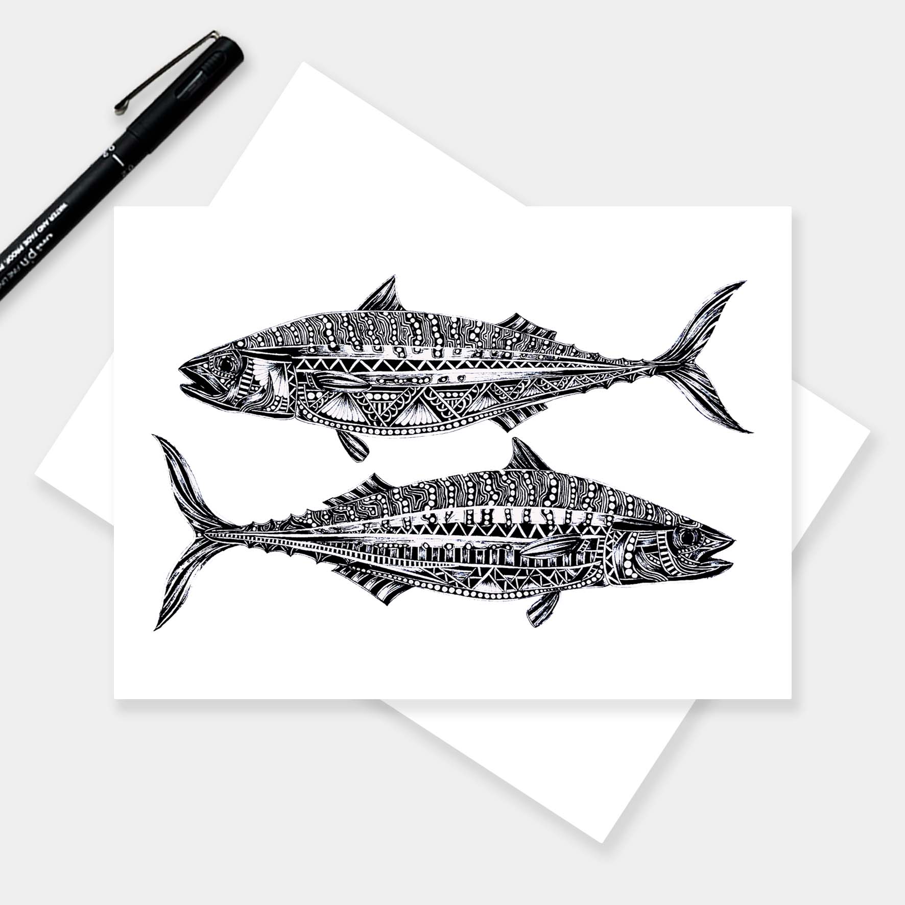 Monochrome blank mackerel fish greetings card originally hand drawn in pen and ink by Pia Elliot in her Dorset studio