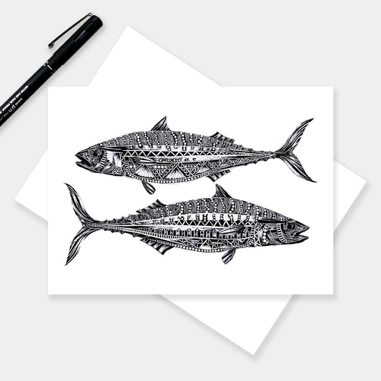 Monochrome blank mackerel fish greetings card originally hand drawn in pen and ink by Pia Elliot in her Dorset studio