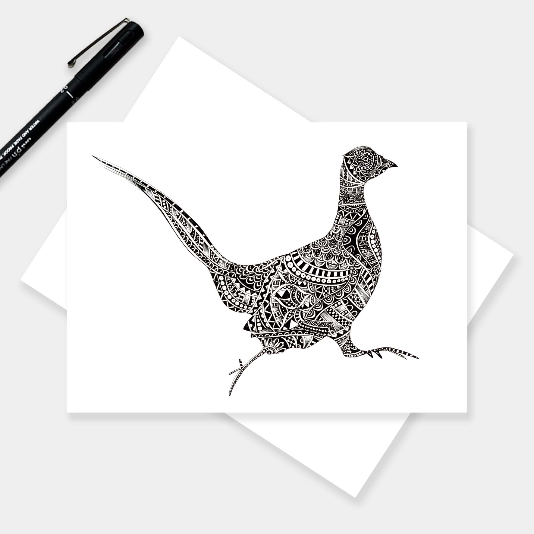 Monochrome blank pheasant greetings card originally hand drawn in pen and ink by Pia Elliot in her Dorset studio