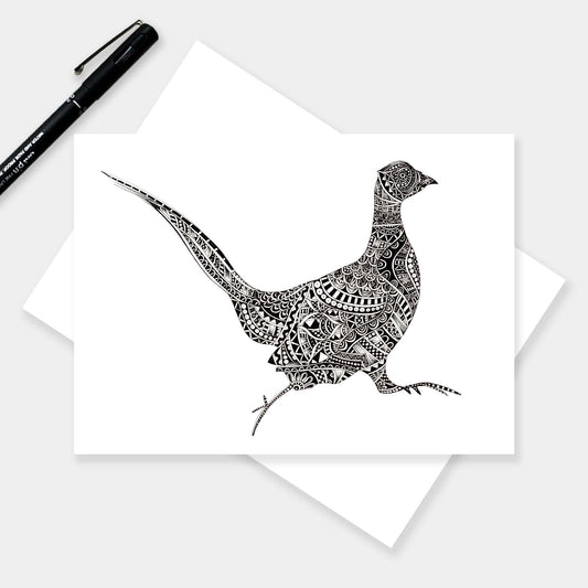 Monochrome blank pheasant greetings card originally hand drawn in pen and ink by Pia Elliot in her Dorset studio