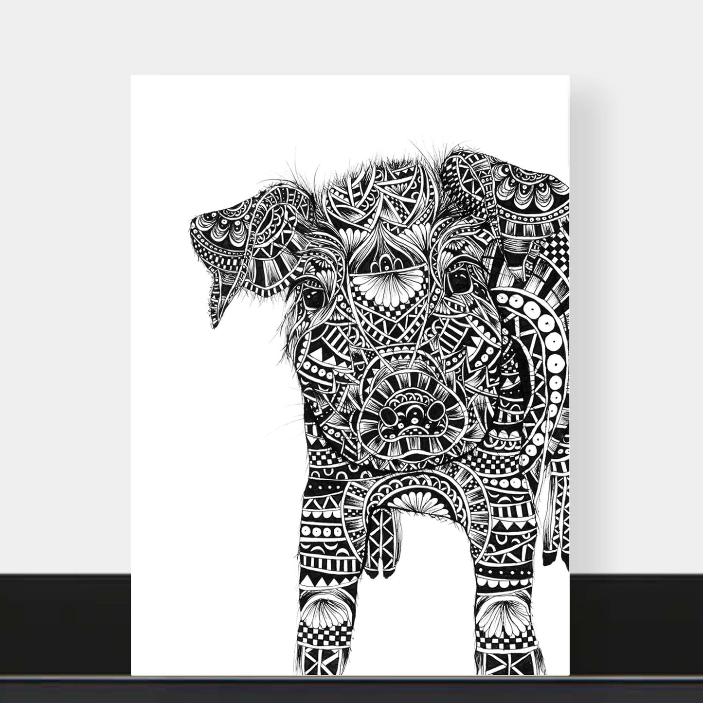 Monochrome blank pig greetings card originally hand drawn in pen and ink by Pia Elliot in her Dorset studio