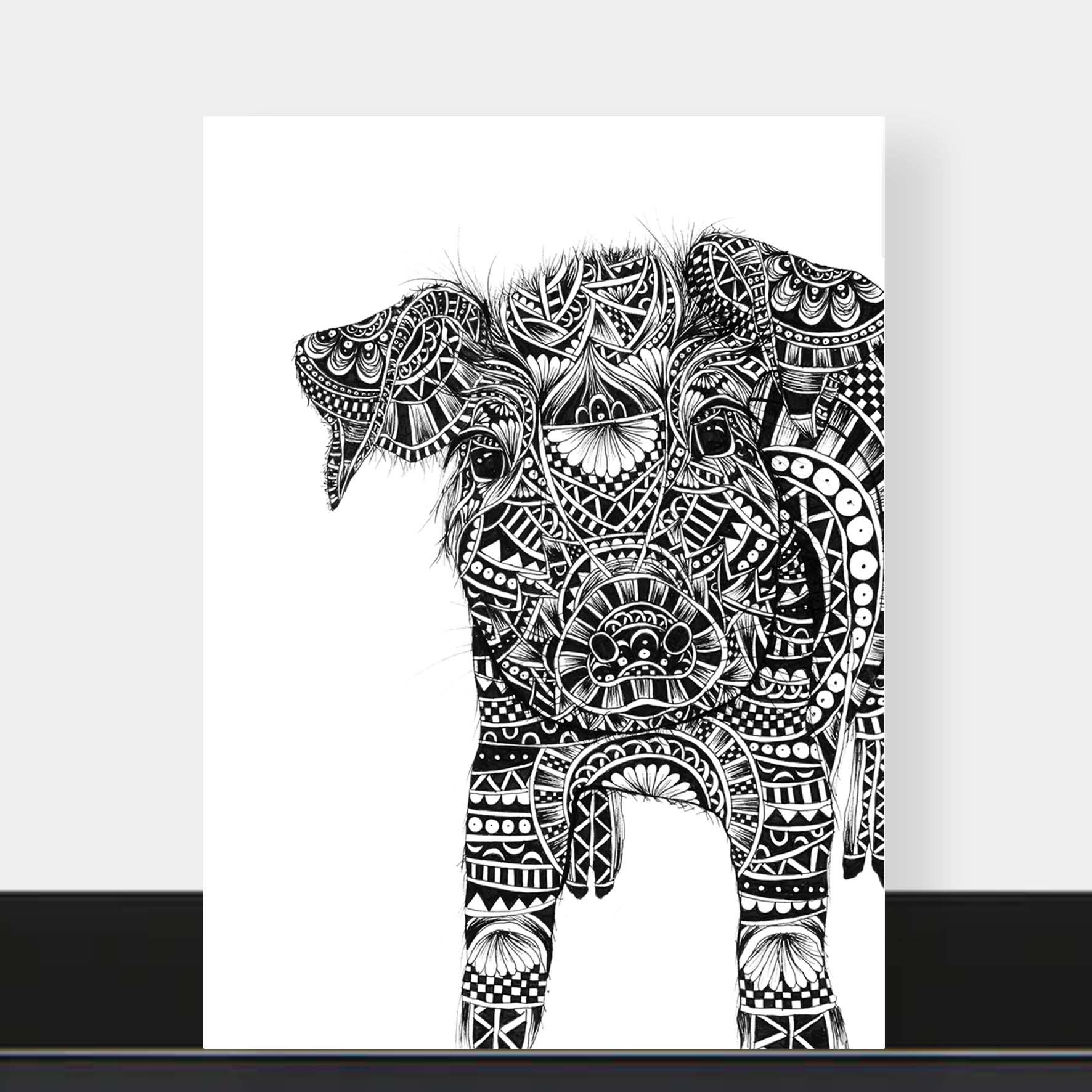 Monochrome blank pig greetings card originally hand drawn in pen and ink by Pia Elliot in her Dorset studio