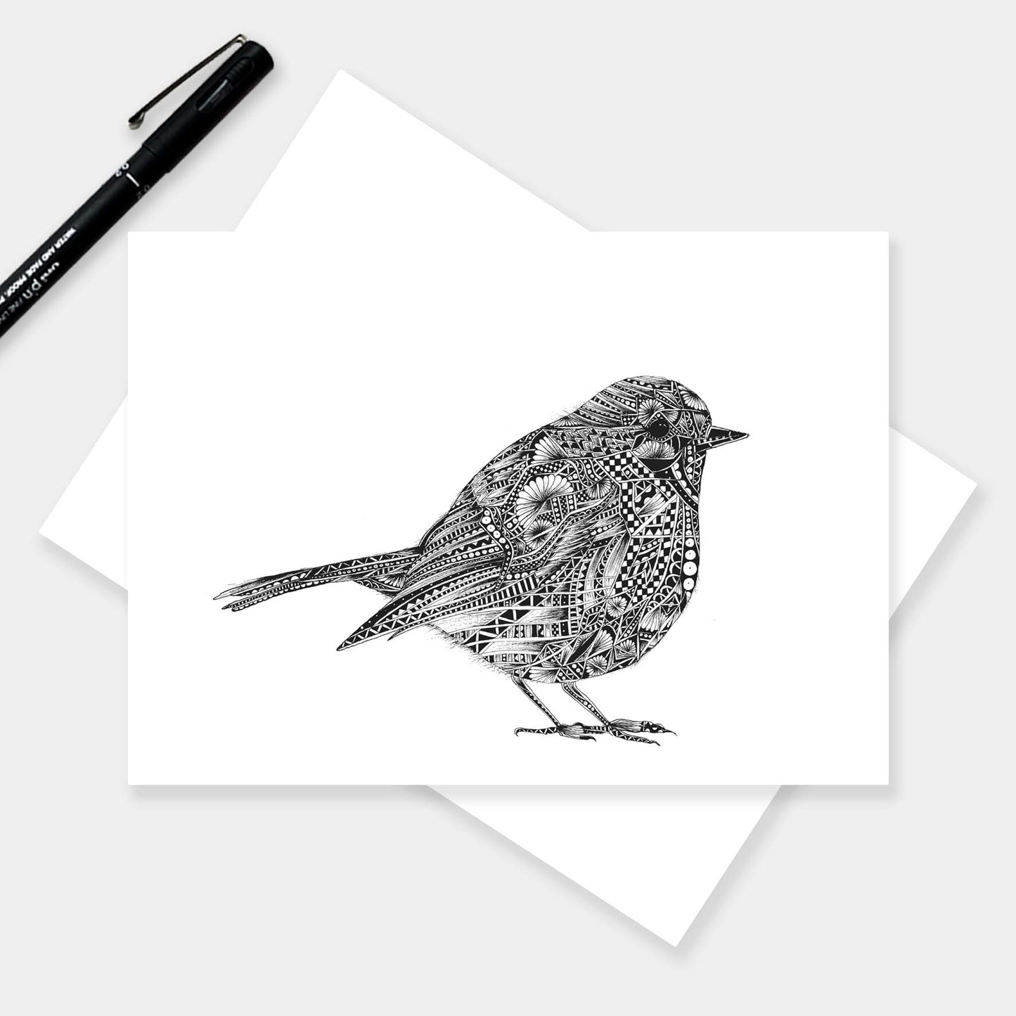 Monochrome blank robin greetings card originally hand drawn in pen and ink by Pia Elliot in her Dorset studio