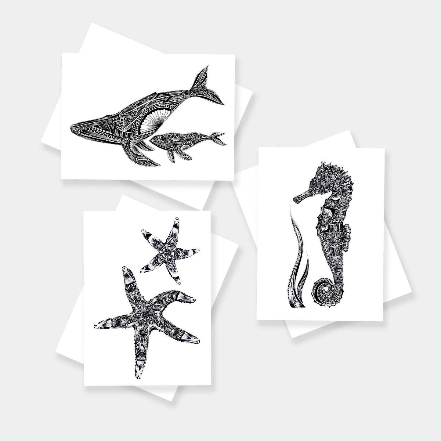 Monochrome blank sea animal greetings cards originally hand drawn in pen and ink by Pia Elliot in her Dorset studio