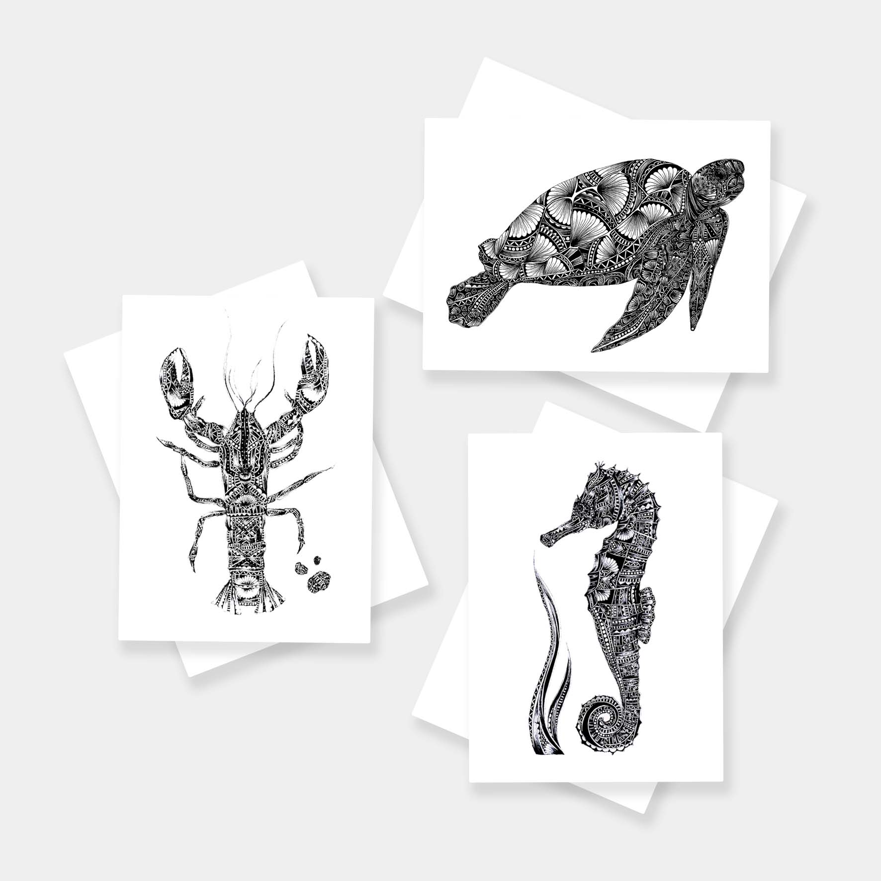 Monochrome blank sea animal greetings cards originally hand drawn in pen and ink by Pia Elliot in her Dorset studio