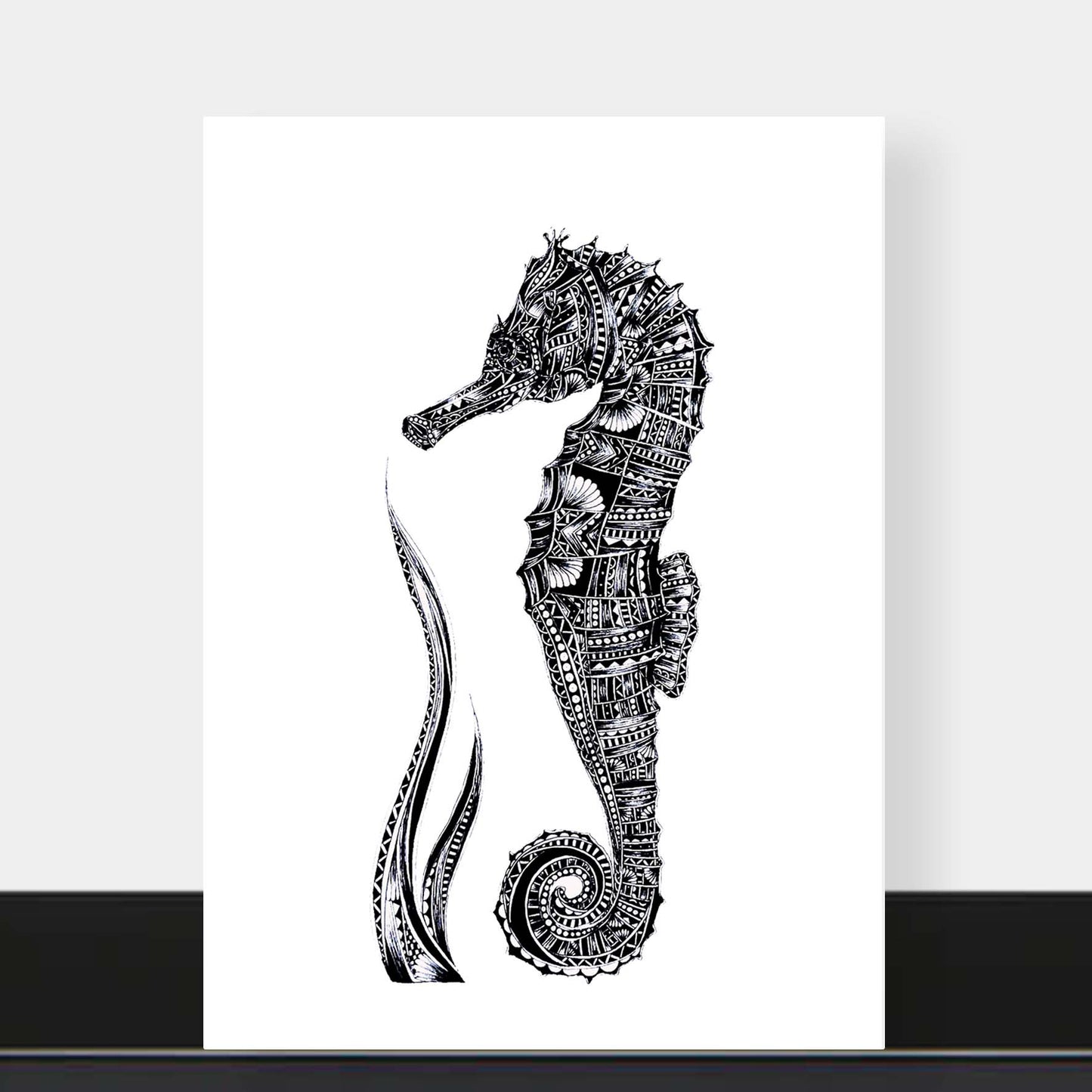 Monochrome blank seahorse greetings card originally hand drawn in pen and ink by Pia Elliot in her Dorset studio