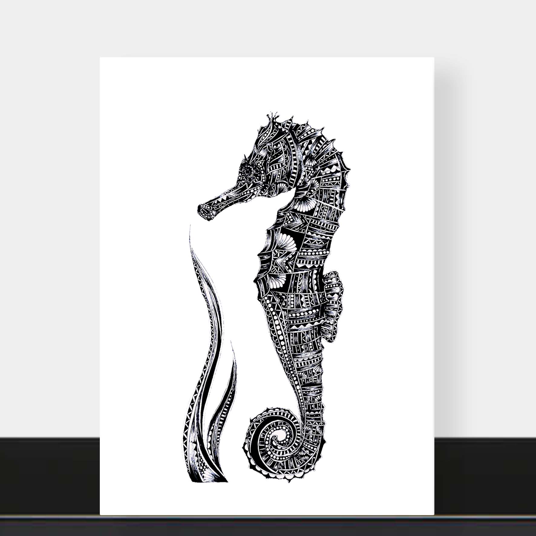 Monochrome blank seahorse greetings card originally hand drawn in pen and ink by Pia Elliot in her Dorset studio
