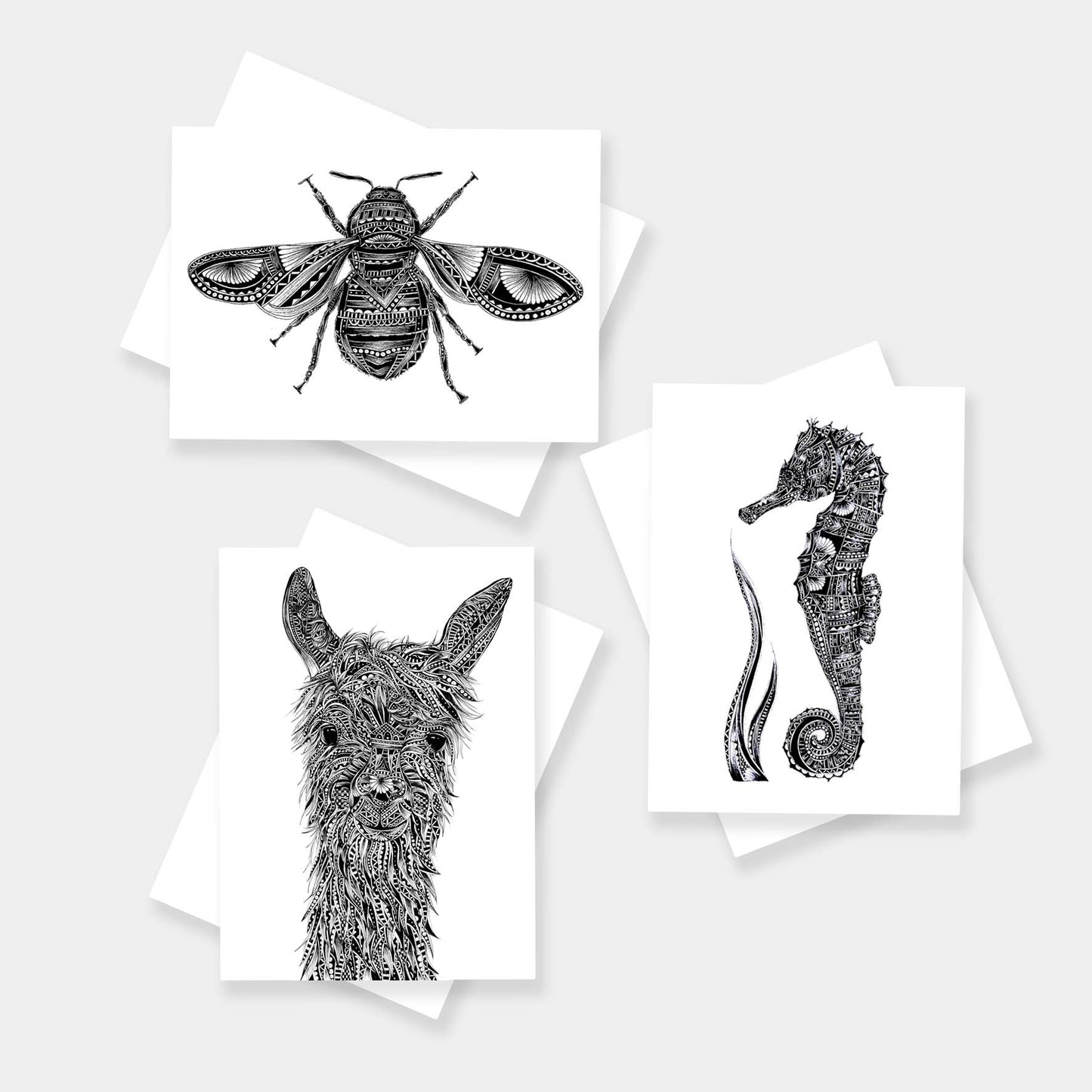 Monochrome blank wildlife greetings cards originally hand drawn in pen and ink by Pia Elliot in her Dorset studio