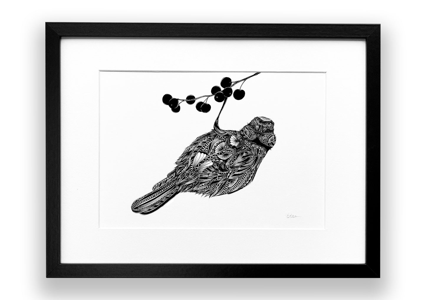 Framed black and white illustration of a bird on a branch with berries.