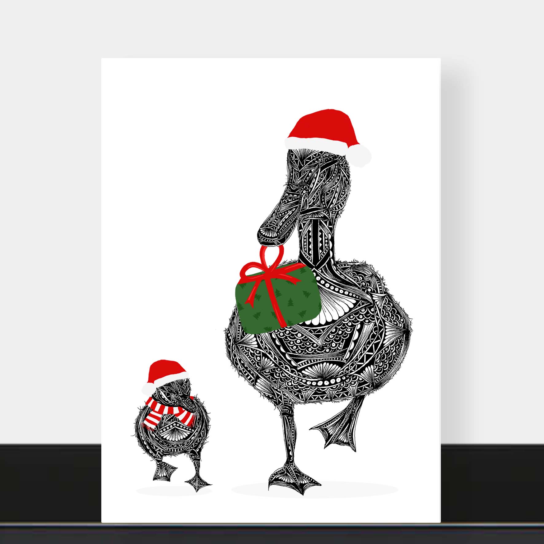 Whimsical duck Christmas greetings card originally hand drawn in pen and ink by Pia Elliot in her Dorset studio