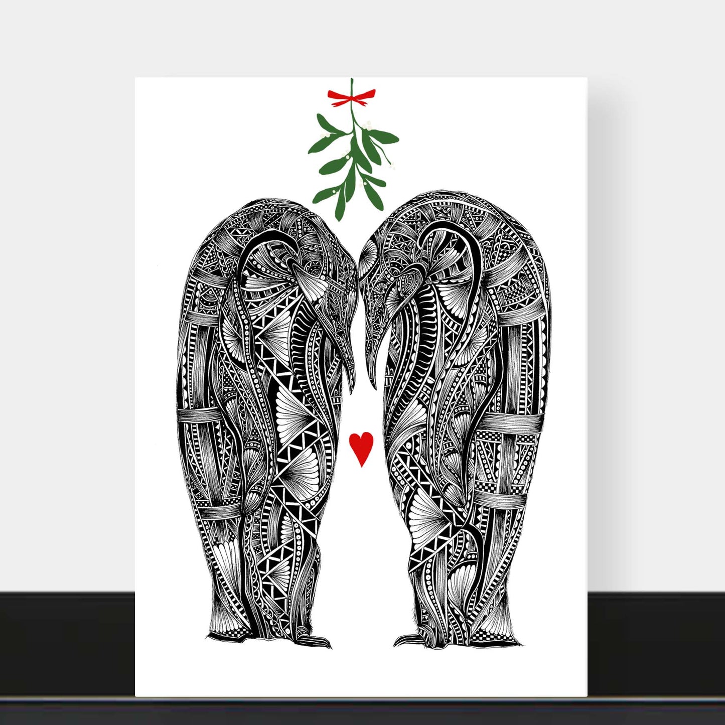 Penguins love Christmas greetings card originally hand drawn in pen and ink by Pia Elliot in her Dorset studio