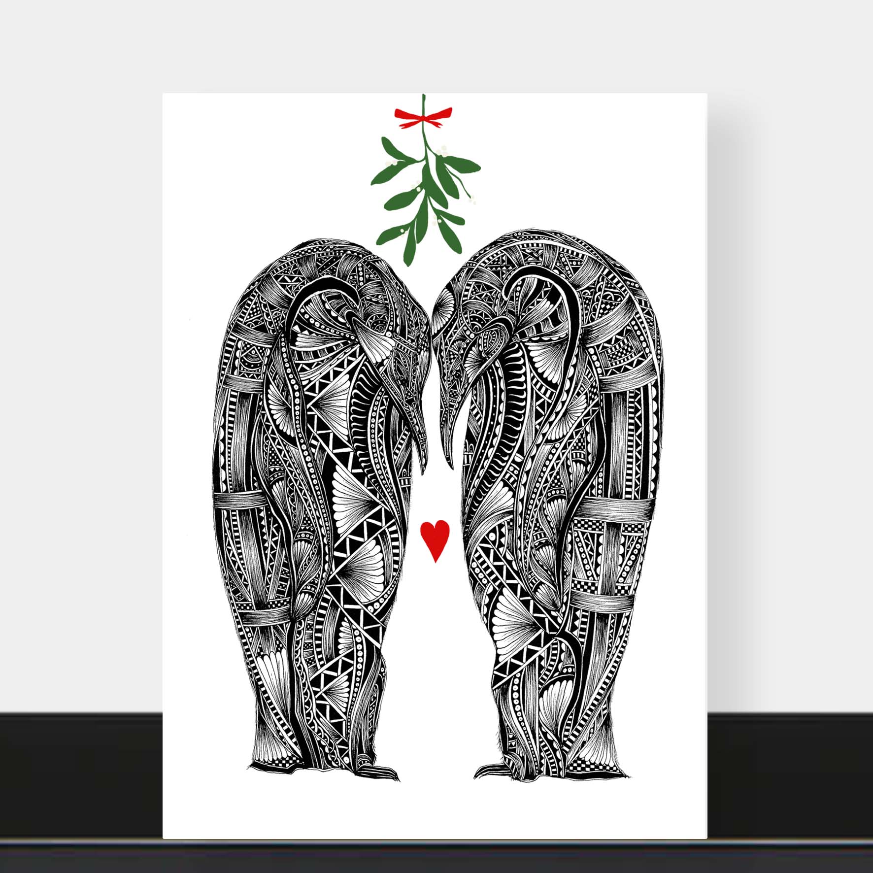 Penguins love Christmas greetings card originally hand drawn in pen and ink by Pia Elliot in her Dorset studio