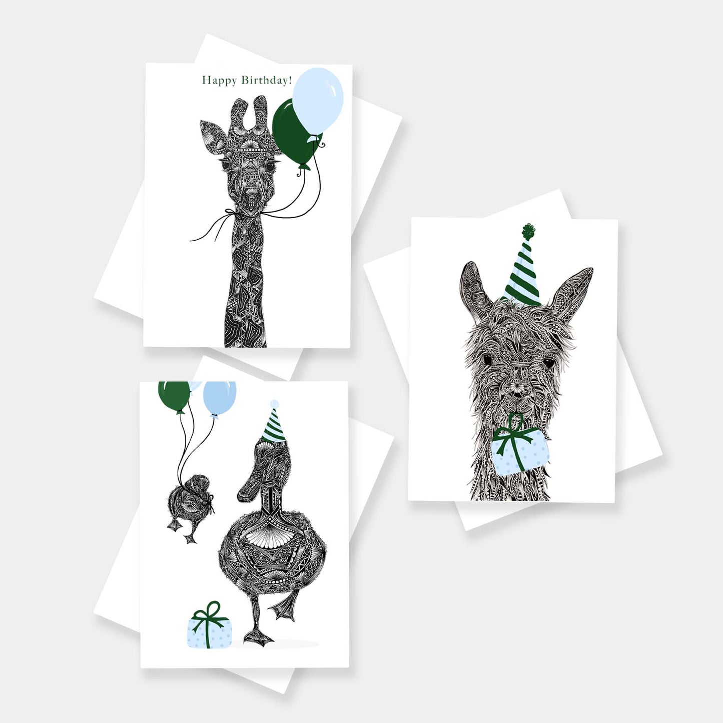 Whimsical animal birthday greetings cards originally hand drawn in pen and ink by Pia Elliot in her Dorset studio