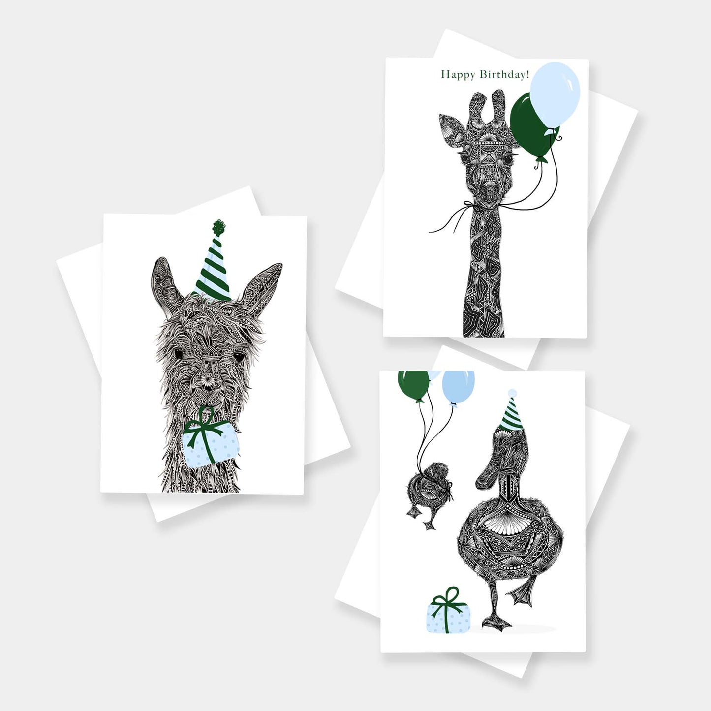 Whimsical animal celebration greetings cards originally hand drawn in pen and ink by Pia Elliot in her Dorset studio