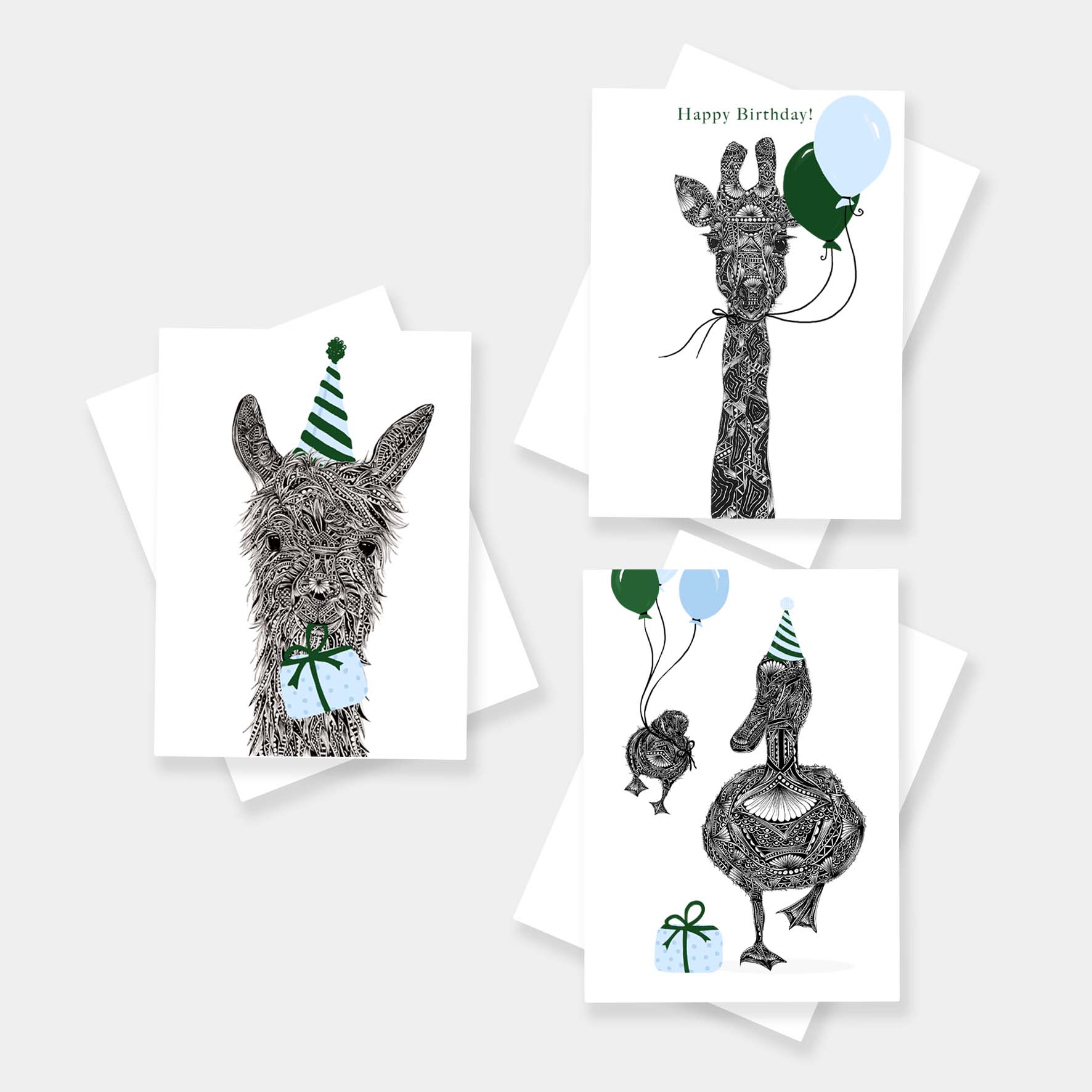 Whimsical animal celebration greetings cards originally hand drawn in pen and ink by Pia Elliot in her Dorset studio