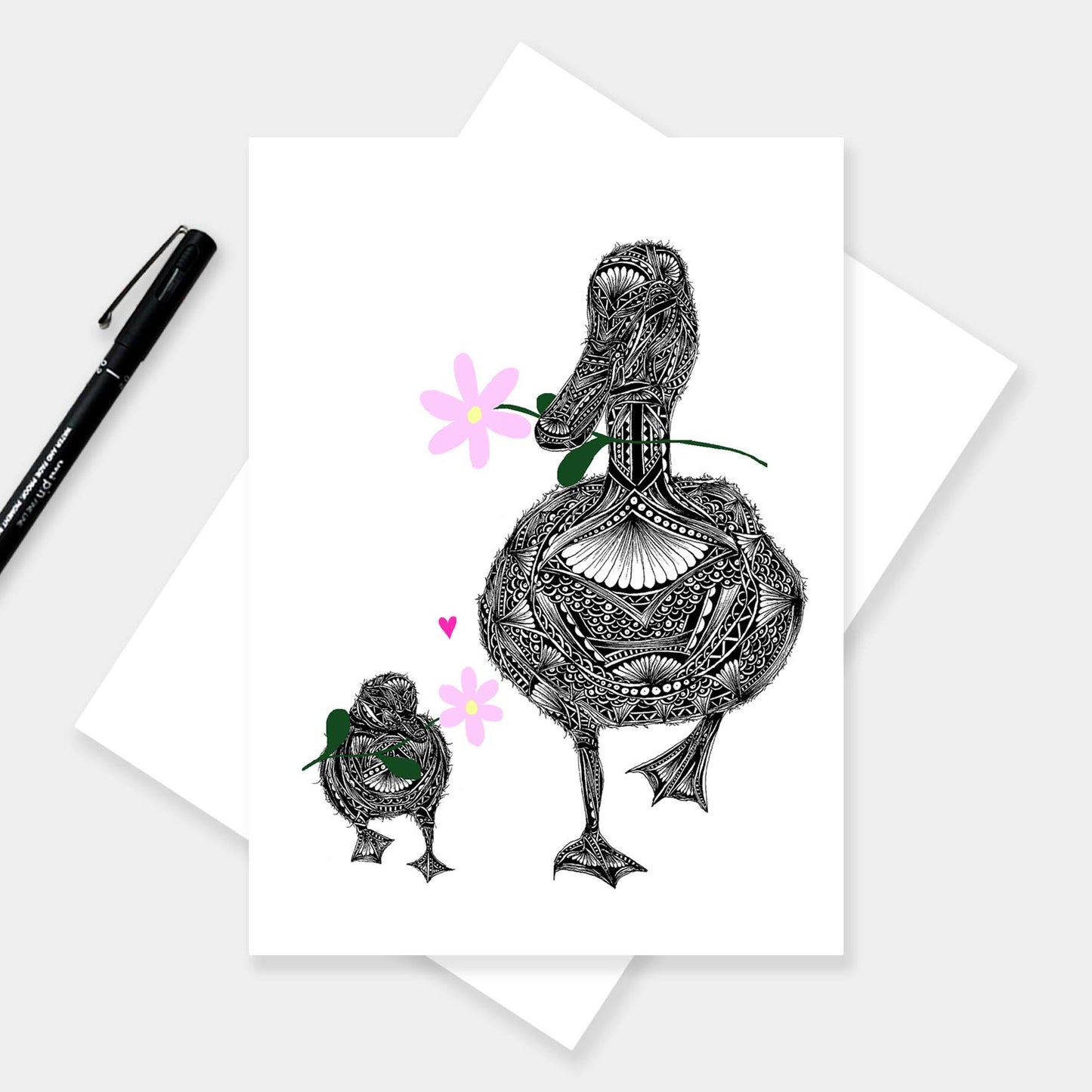 Floral duck celebration greetings card originally hand drawn in pen and ink by Pia Elliot in her Dorset studio