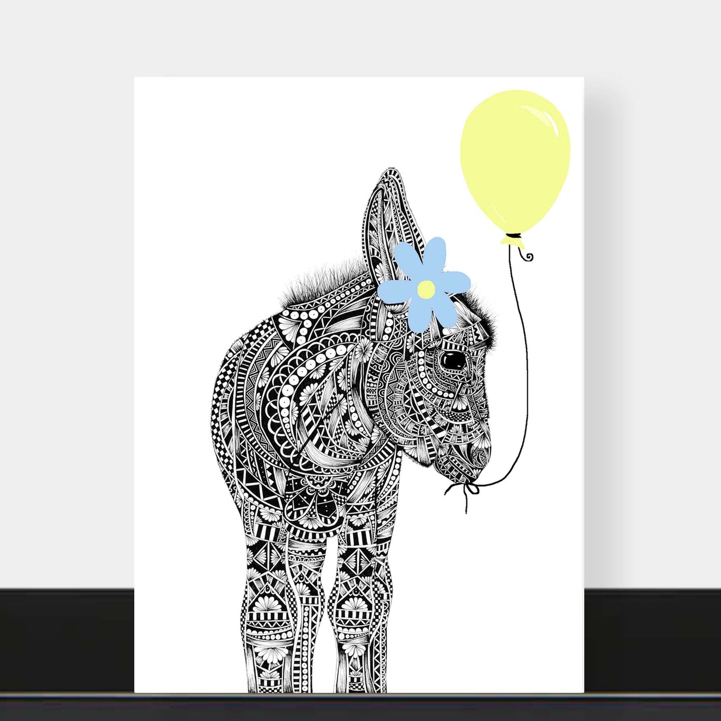 Donkey with balloon birthday greetings card originally hand drawn in pen and ink by Pia Elliot in her Dorset studio
