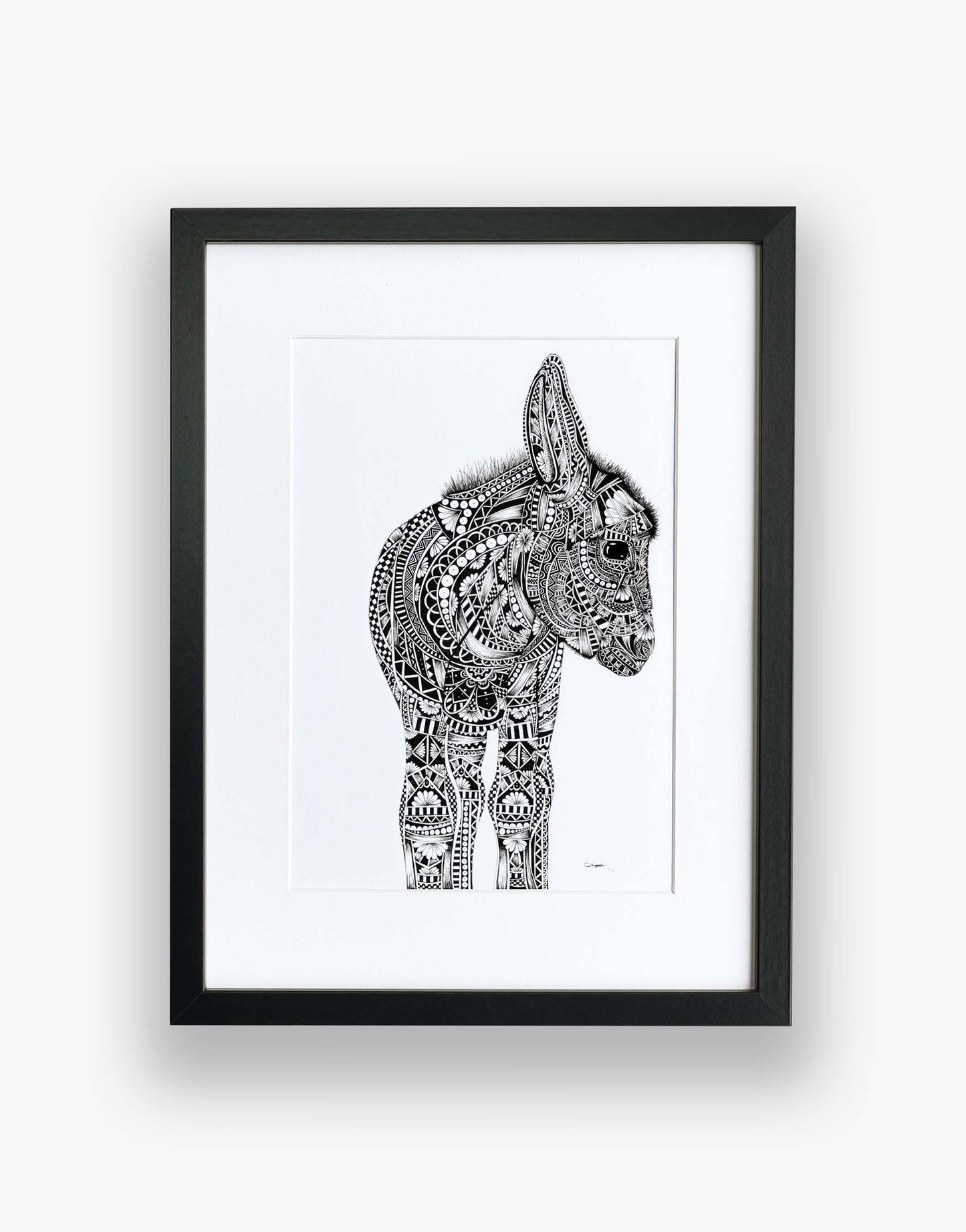 Monochrome, donkey, limited edition artwork in black frame, hand drawn in pen and ink by Pia Elliot in her Dorset studio