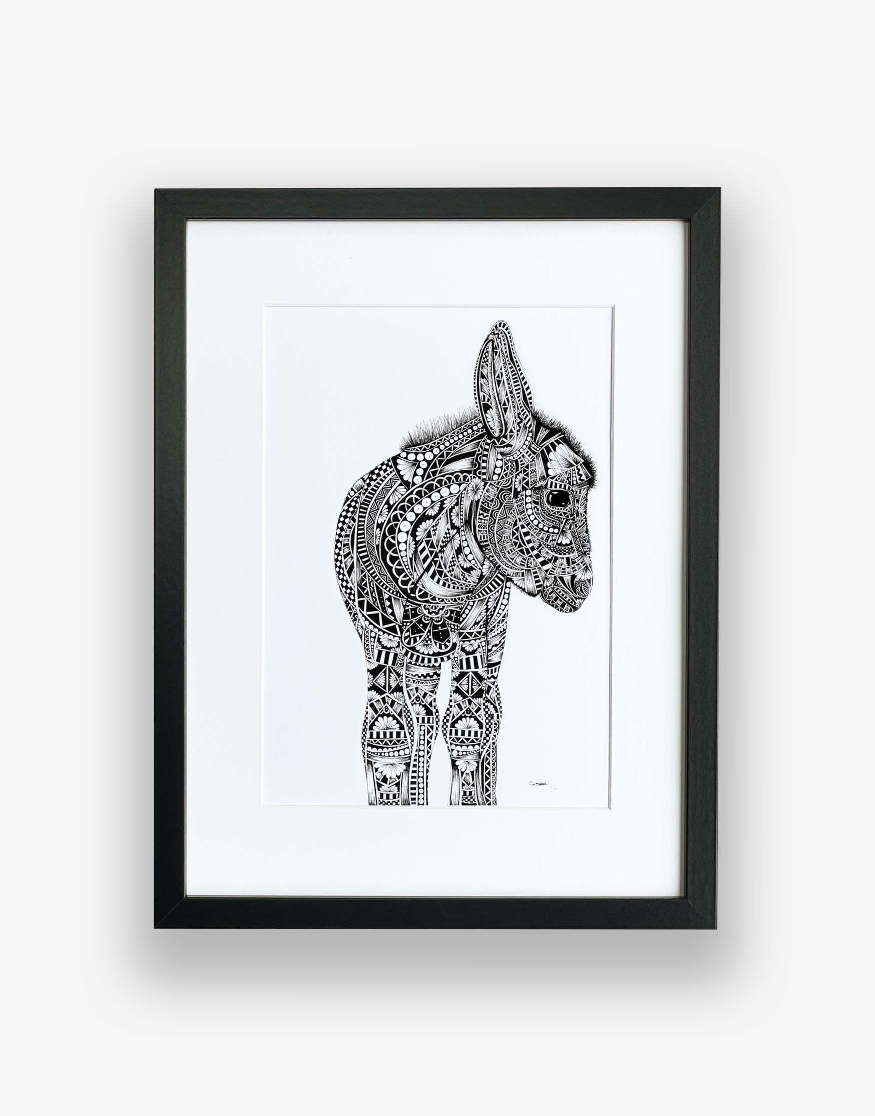 Monochrome, donkey, limited edition artwork in black frame, hand drawn in pen and ink by Pia Elliot in her Dorset studio