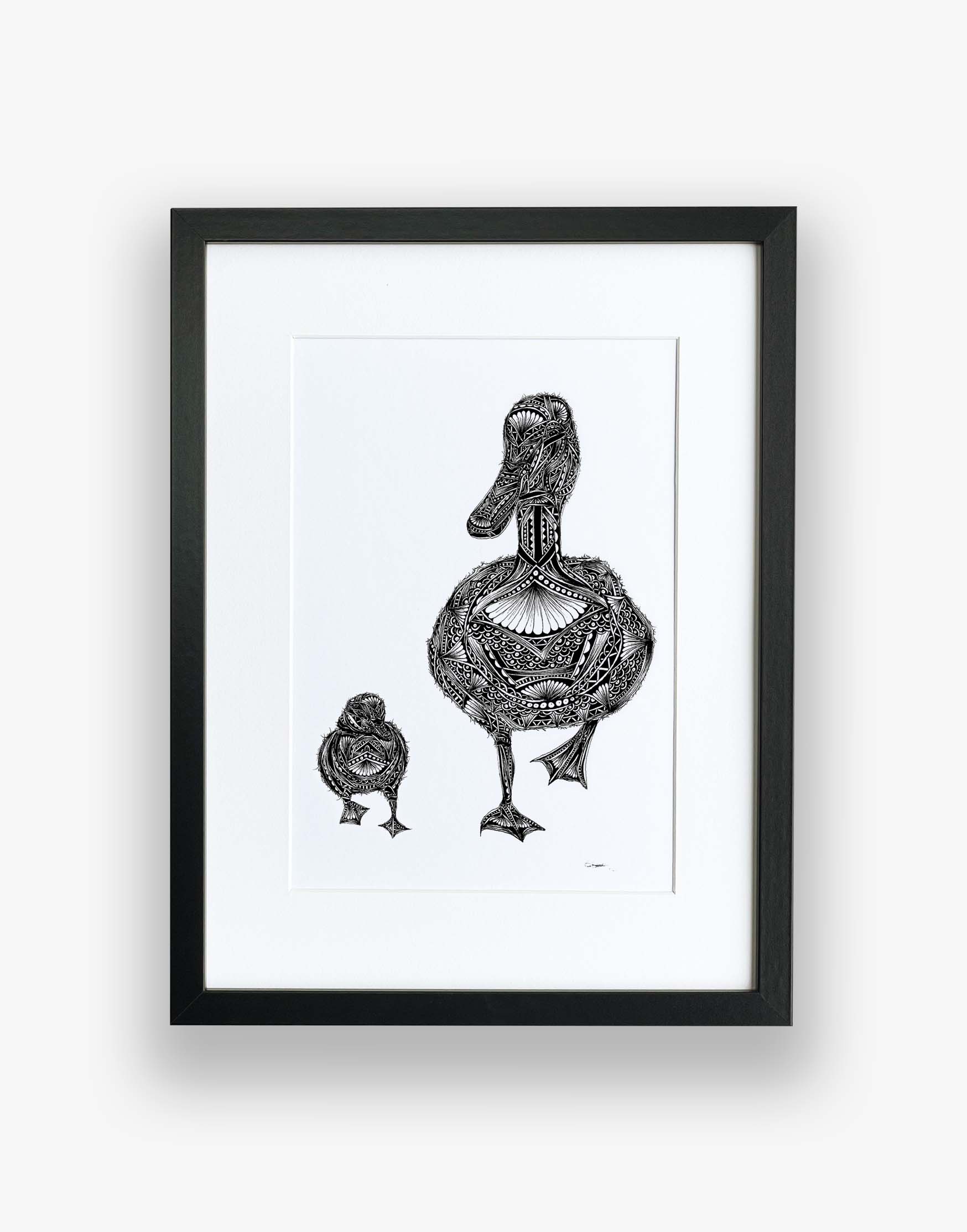 Monochrome, duck, limited edition artwork in black frame, hand drawn in pen and ink by Pia Elliot in her Dorset studio