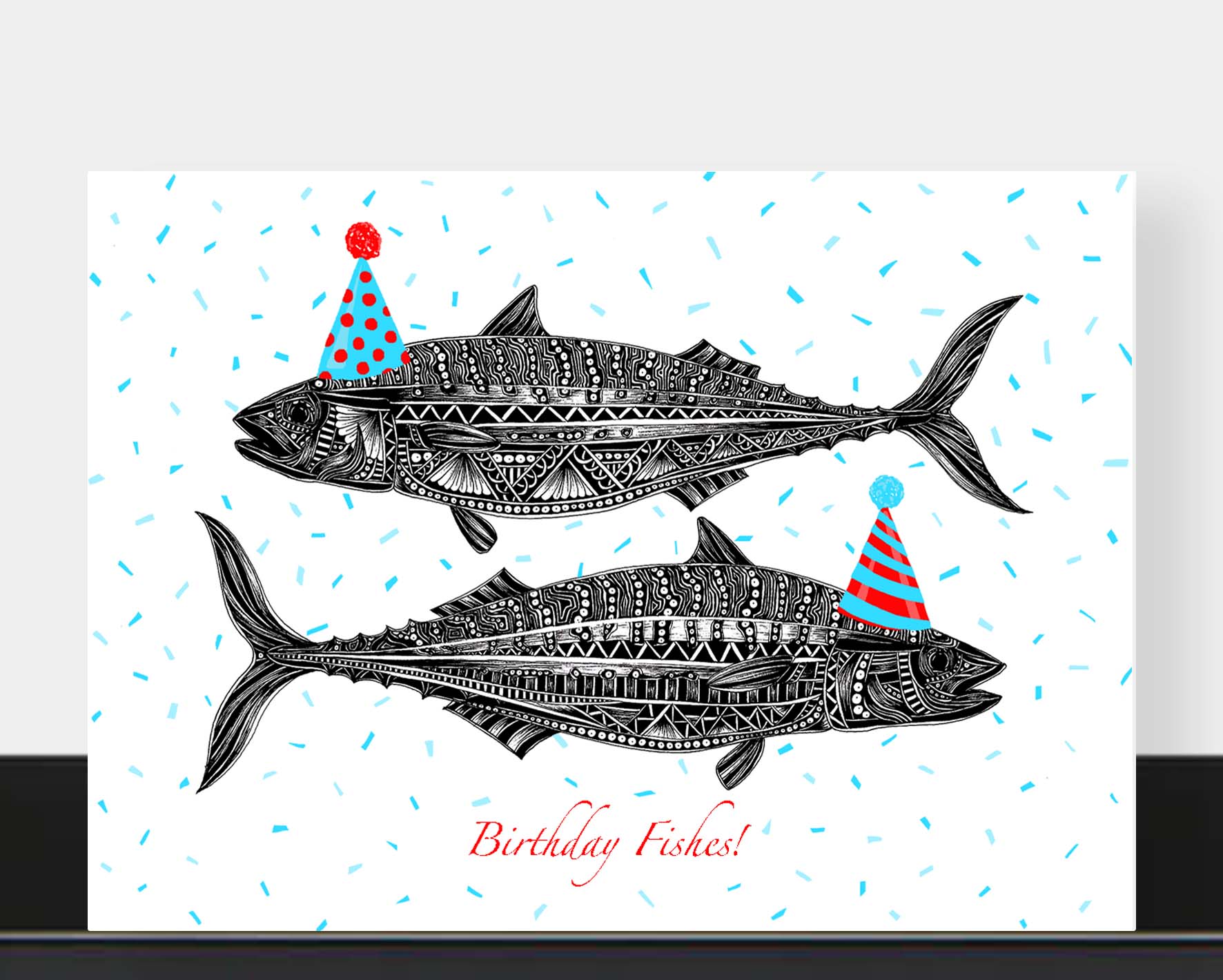 Whimsical fish birthday greetings card originally hand drawn in pen and ink by Pia Elliot in her Dorset studio