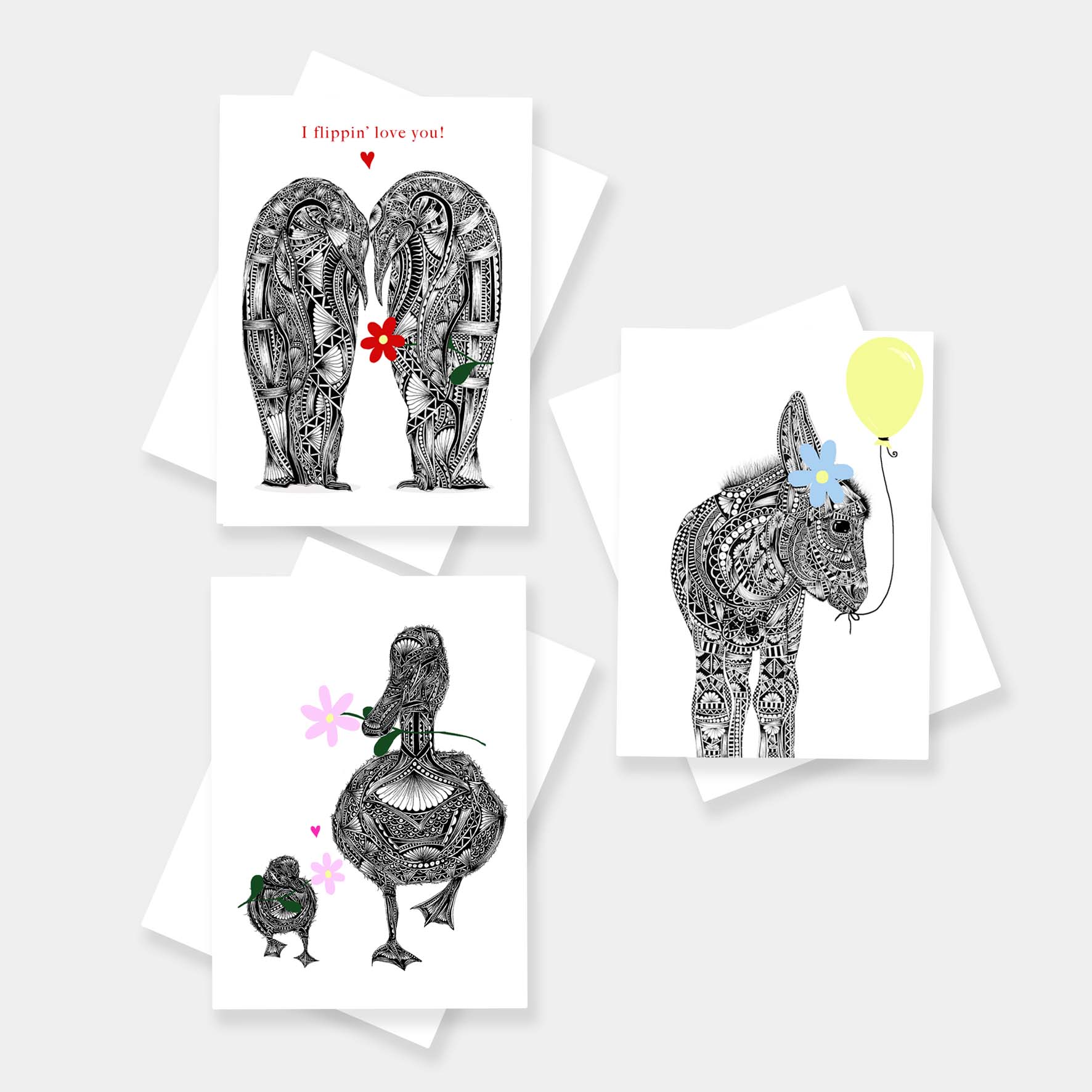 Floral animal celebration greetings cards originally hand drawn in pen and ink by Pia Elliot in her Dorset studio