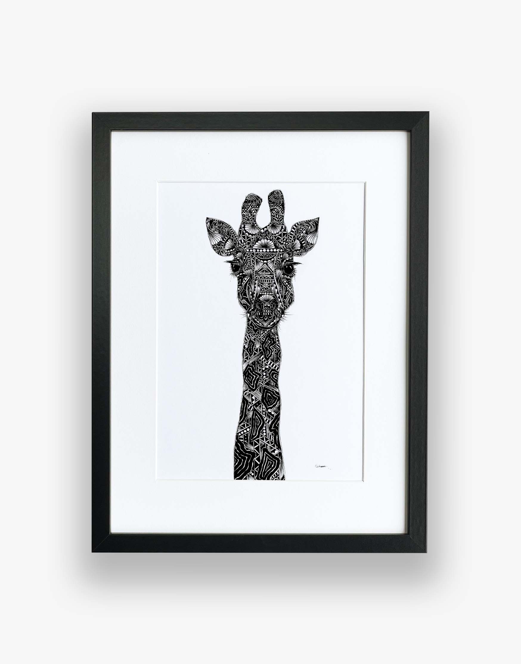 Monochrome, giraffe, limited edition artwork in black frame, hand drawn in pen and ink by Pia Elliot in her Dorset studio